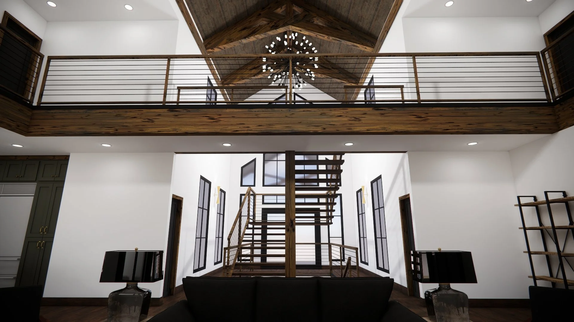 Interior of a modern home with a high ceiling, wooden accents, a staircase leading to a second-floor loft, large windows with black frames, and a chandelier hanging from the ceiling.