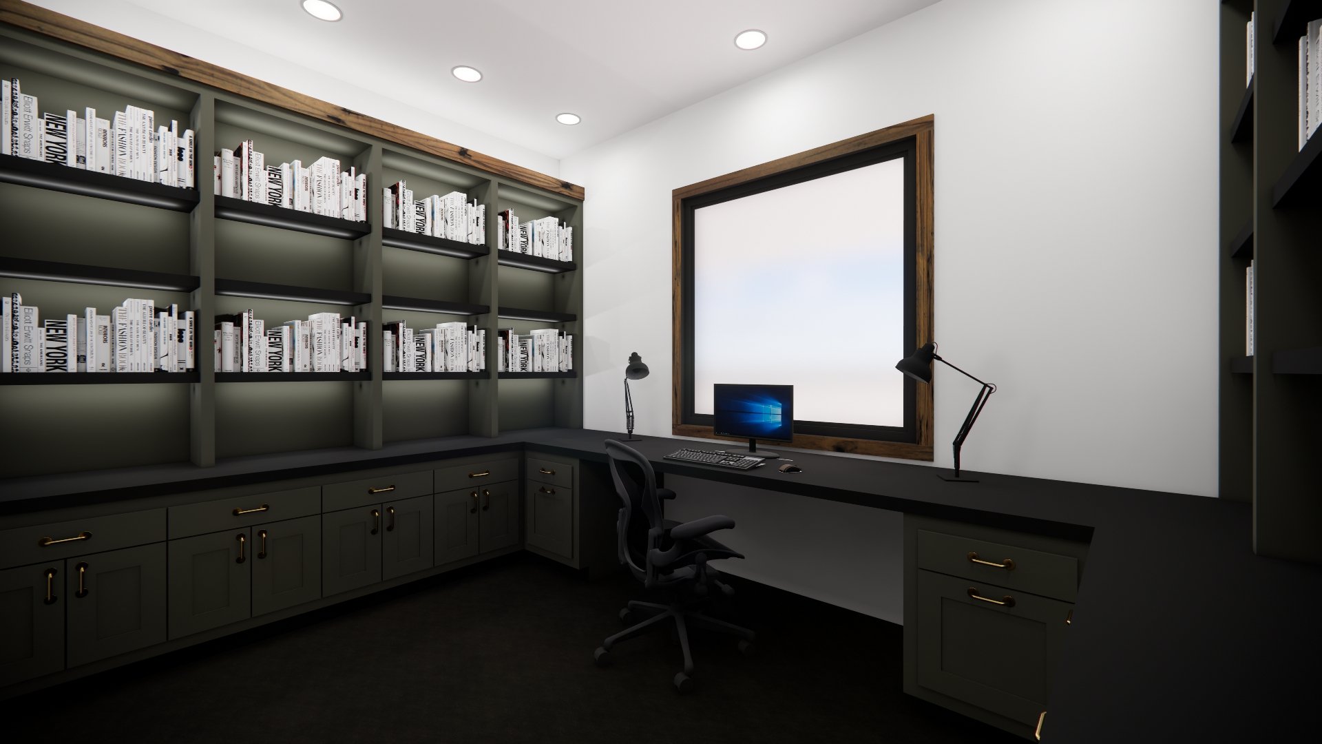 A modern home office with a large window, gray cabinetry with gold handles, a gray desk with a computer, a desk lamp, and bookshelves filled with books.