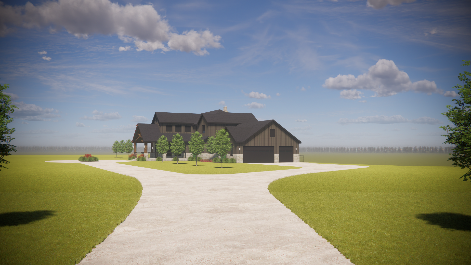 A modern two-story house with dark exterior siding and a gabled roof, surrounded by a large green lawn with trees, under a partly cloudy sky.