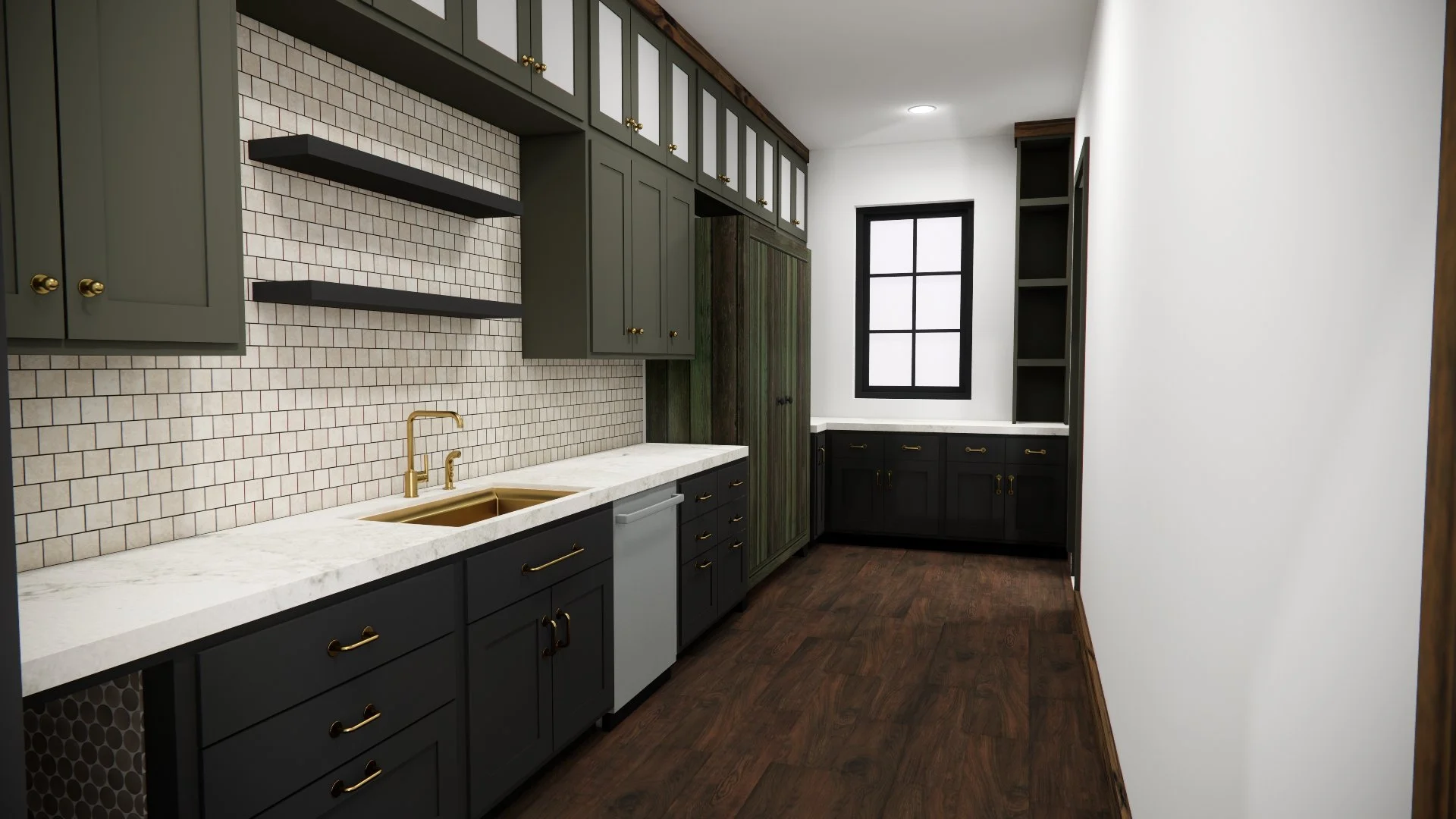 A modern kitchen with green and black cabinetry, gold hardware, a white marble countertop, and a beige mosaic tile backsplash, illuminated by natural light from a large black-framed window.