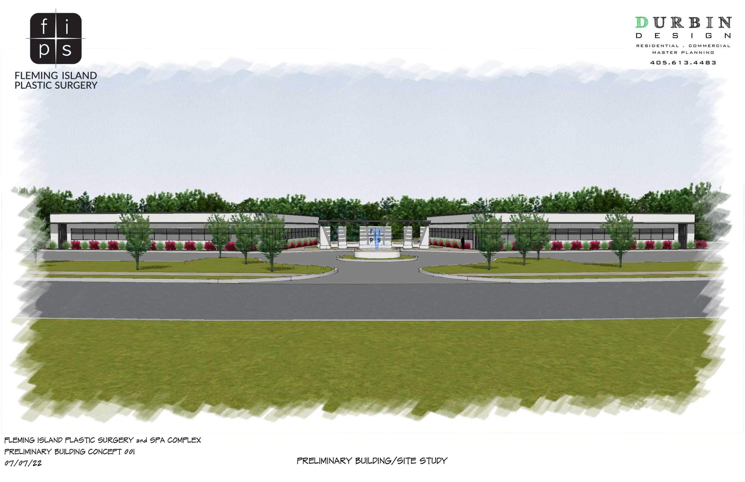 Preliminary design concept of a modern spa and plastic surgery complex with low-rise building, central fountain, driveways, and landscaped surroundings.