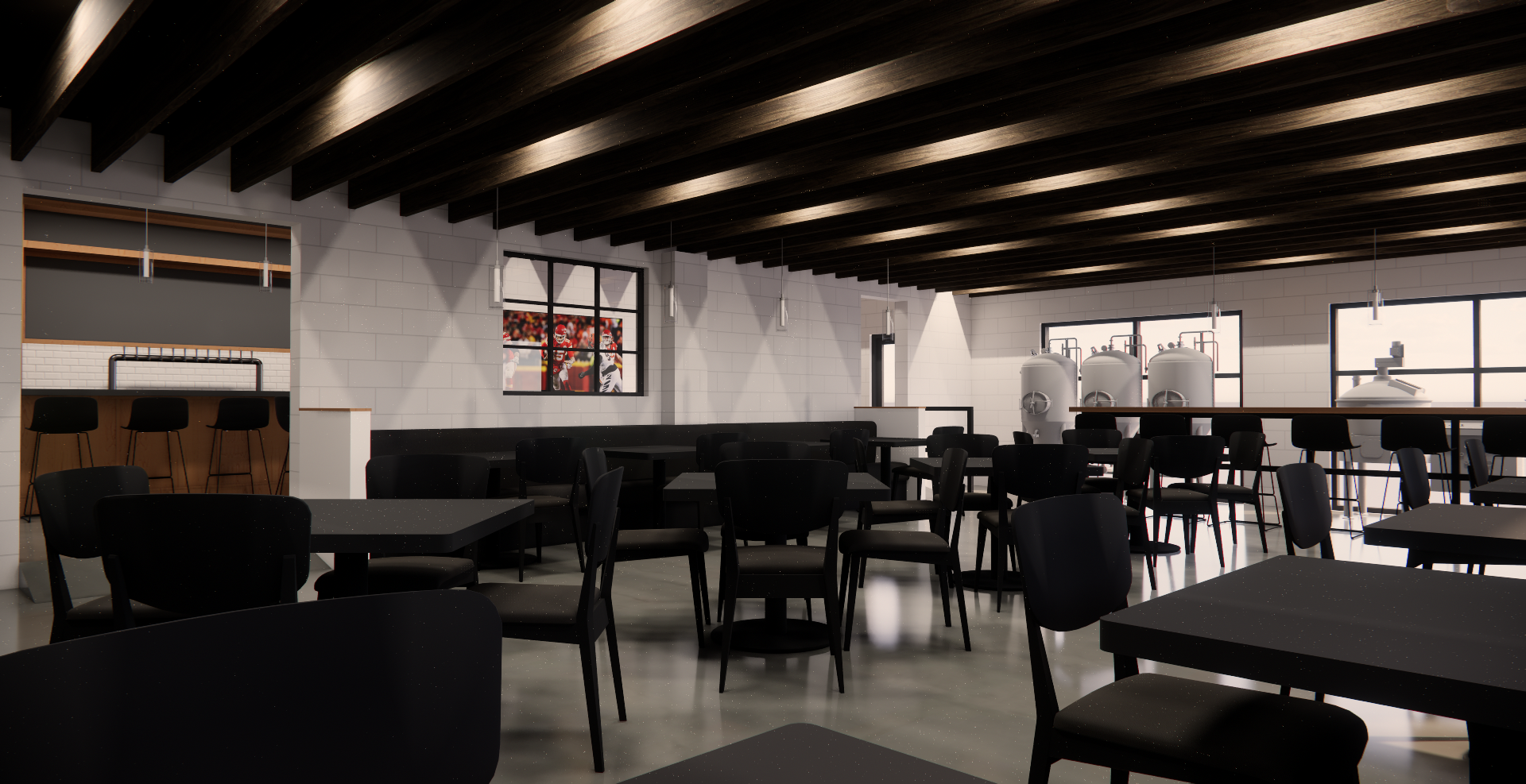 Interior of a modern dining or event space with black chairs and tables, white brick walls, dark wooden ceiling beams, and sports-themed wall art featuring football players.