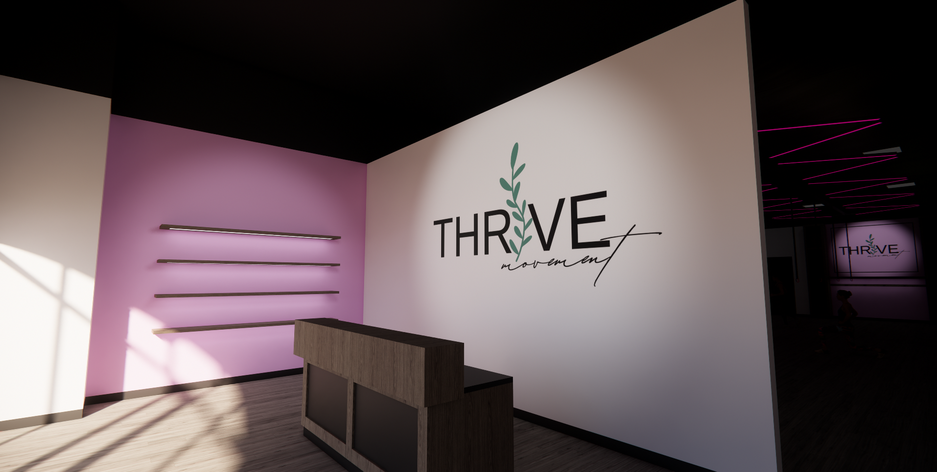 Interior of a modern wellness center with a large logo reading 'THRIVE movement' on a white wall and pink accent wall with three horizontal white shelves, a wooden reception desk, and soft lighting.