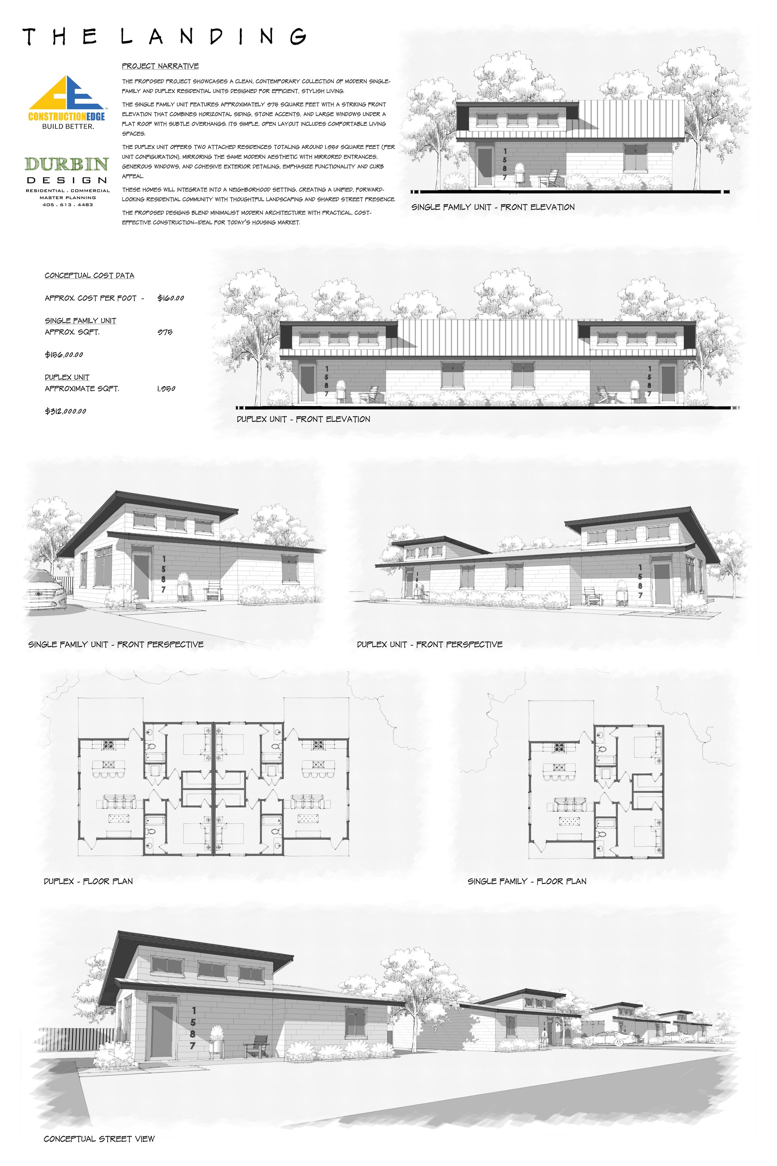Architectural drawings of modern residential buildings, including front and street perspectives, floor plans for single-family and duplex units, with are trees and landscaping.
