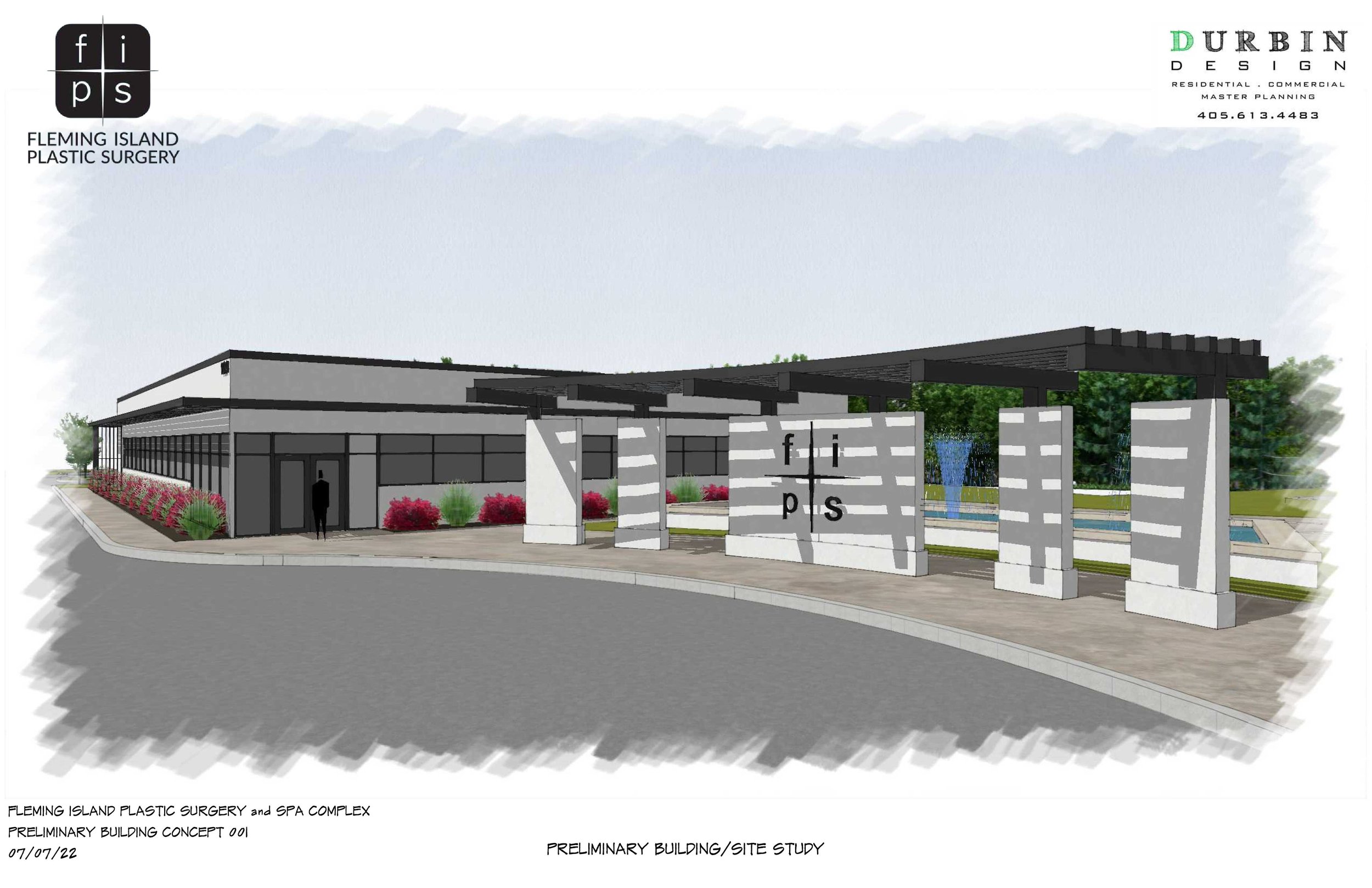 Architectural rendering of a modern building labeled Flemming Island Plastic Surgery and Spa Complex, showing exterior design with white and black accents, landscaped with shrubs and flowers, and a pathway leading to the entrance.
