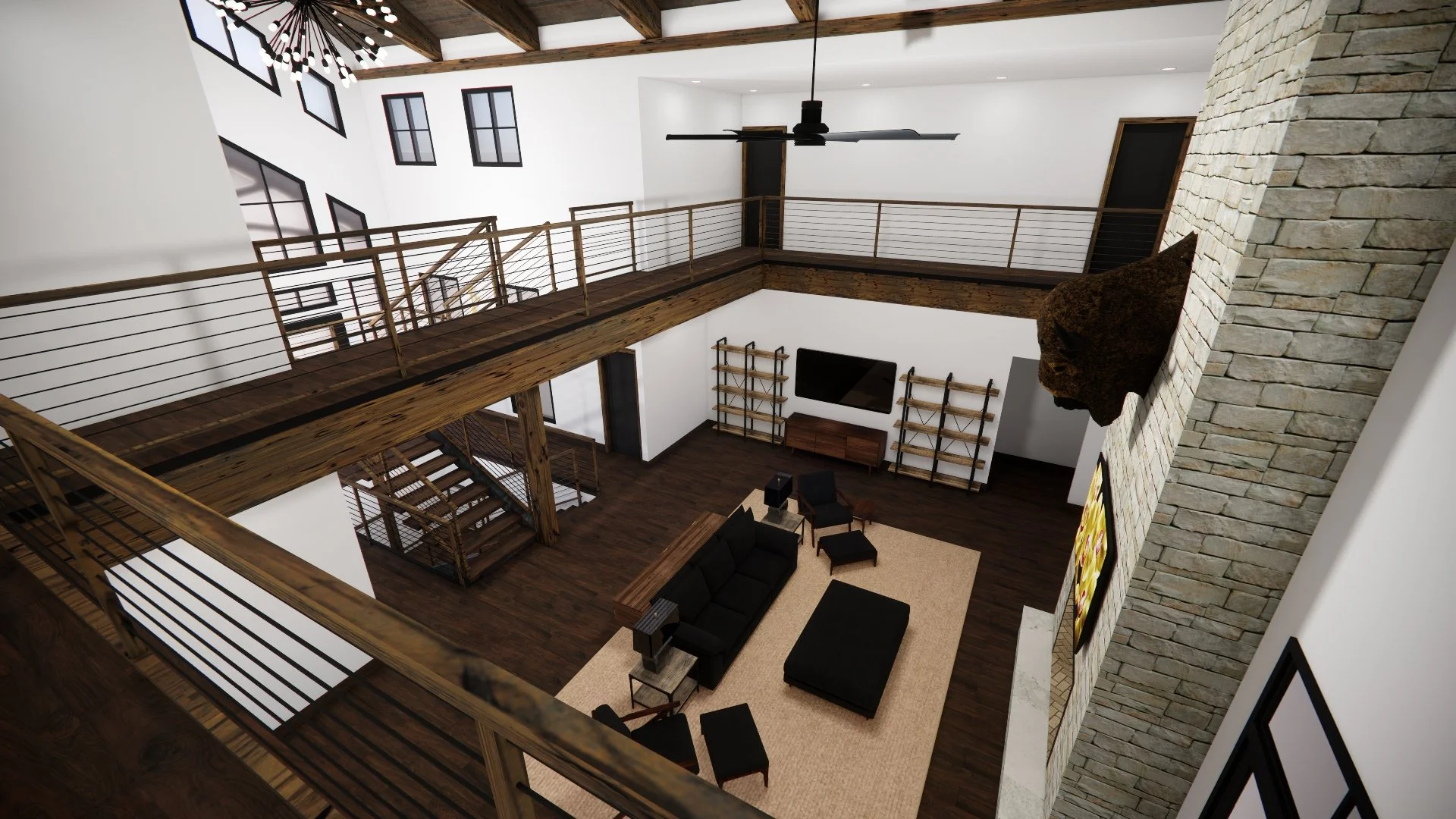 Interior view of a modern two-story living room with a loft, featuring a stone fireplace, wooden staircase, black furniture, wall-mounted TV, and large windows.