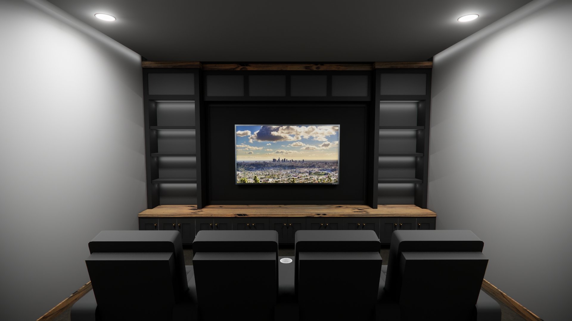 Modern home theater room with a large flat-screen TV displaying a city skyline under a blue sky with clouds, black built-in shelving units on each side, dark ceiling and walls, and black leather chairs facing the TV.