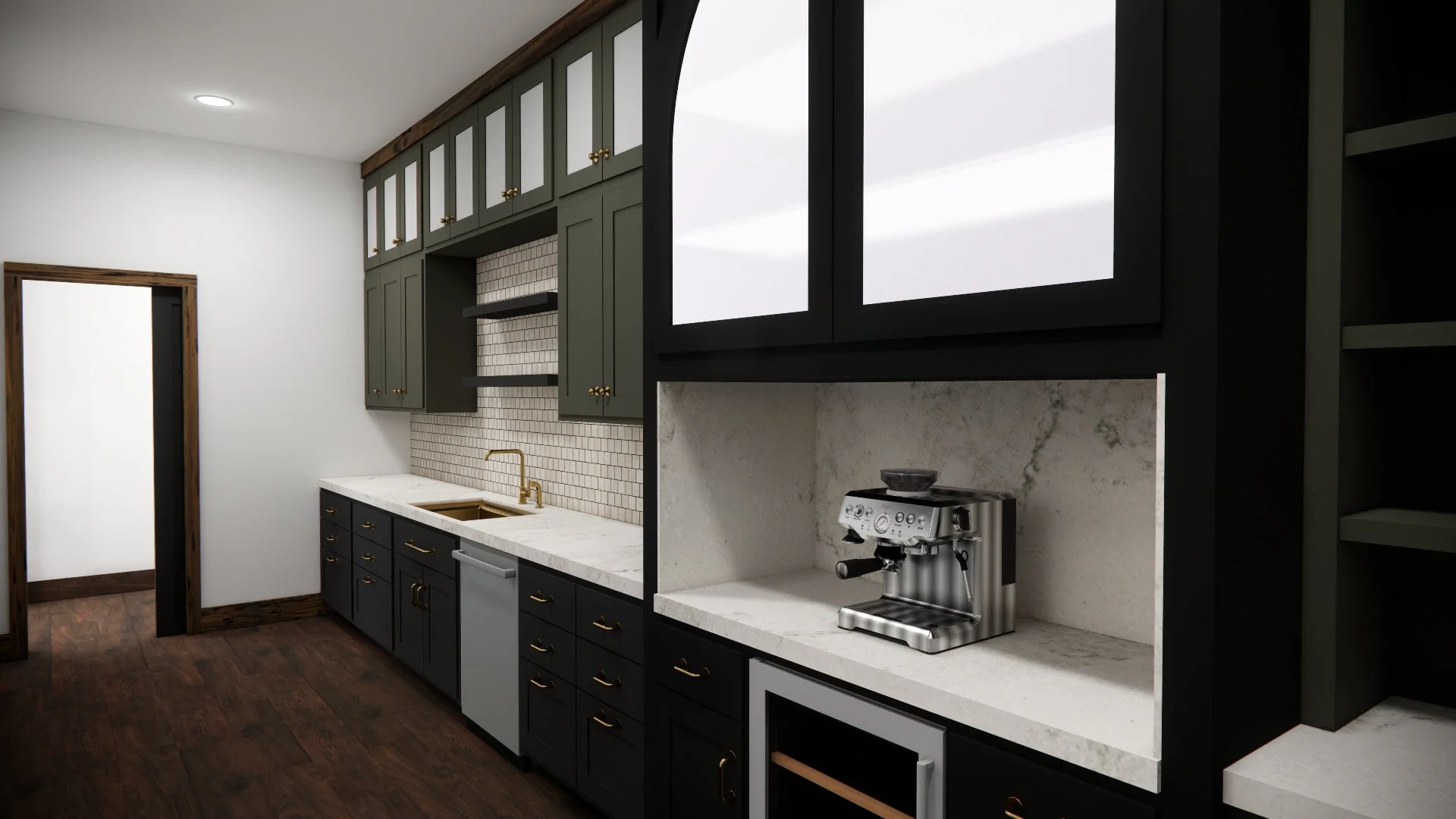 Modern kitchen with dark cabinetry, marble countertops, a small espresso machine, and a large window