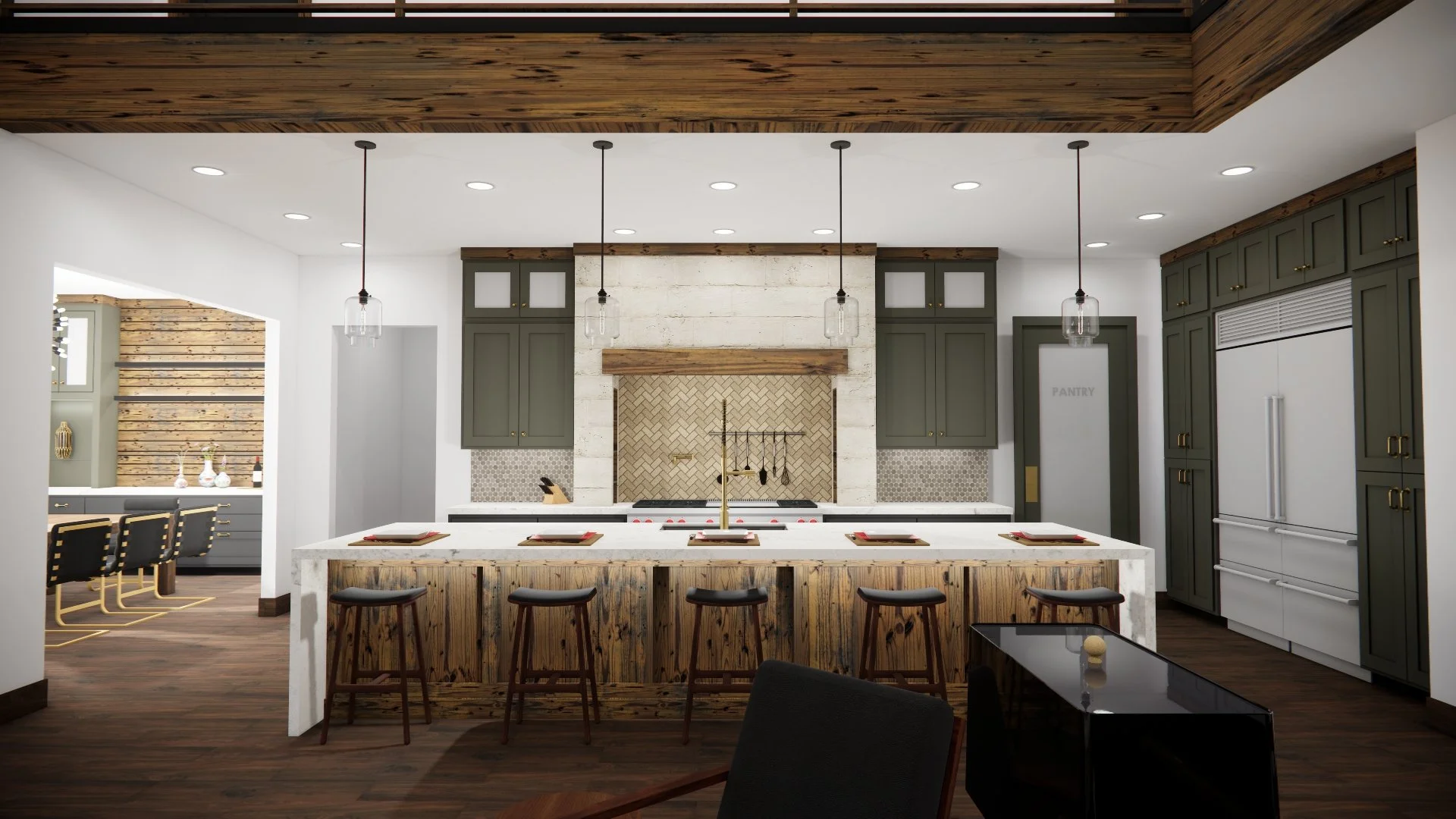 Modern kitchen with white walls, dark green cabinets, a central island with a white marble top, wooden accents, and pendant lights overhead.