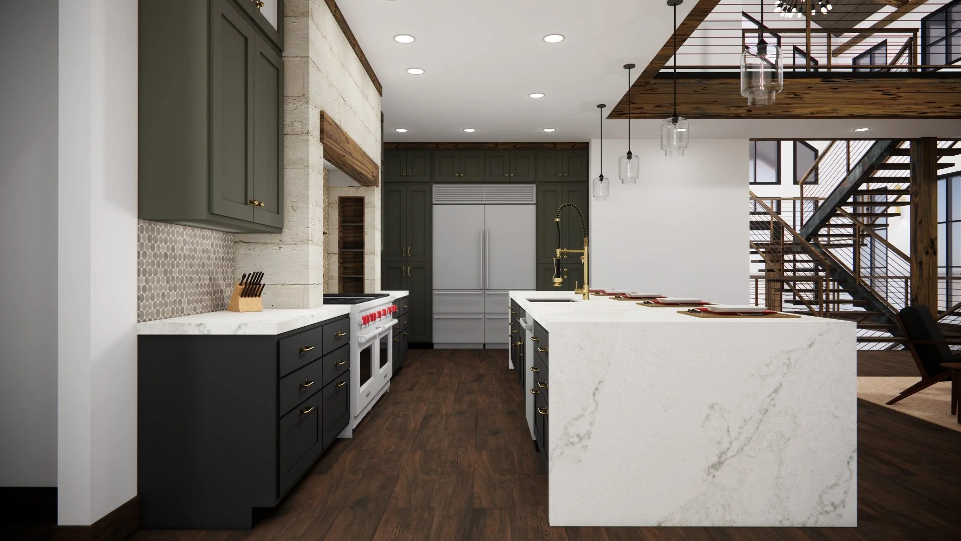 Modern kitchen with dark cabinets, white countertops, gold fixtures, stainless steel appliances, and a staircase with wood and metal railing in an open space with wooden accents.