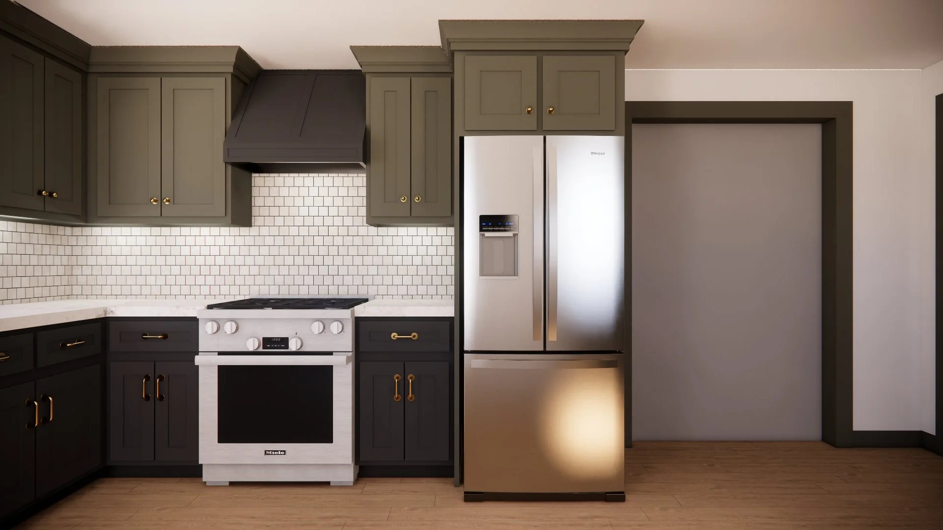 Modern kitchen with dark cabinets, white countertop, stainless steel refrigerator with water dispenser, oven, and tiled backsplash with small square tiles.