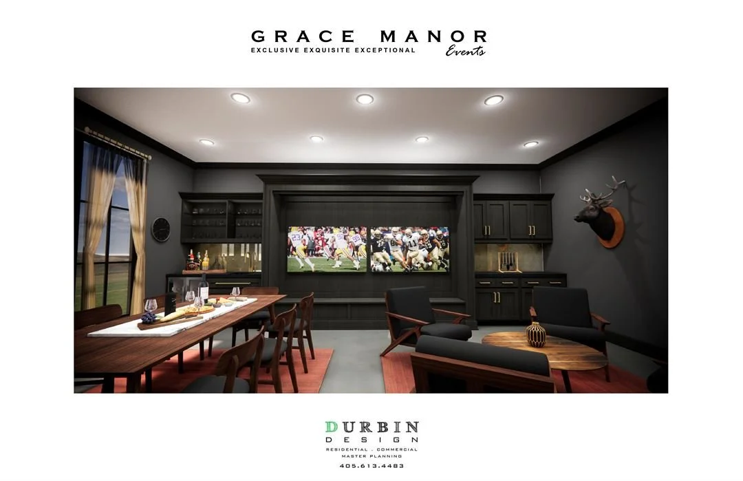 A modern interior room with dark walls, a large wall-mounted TV showing football, a dining table set with food and drinks, lounge chairs, a window with curtains, and a mounted deer head on the wall.