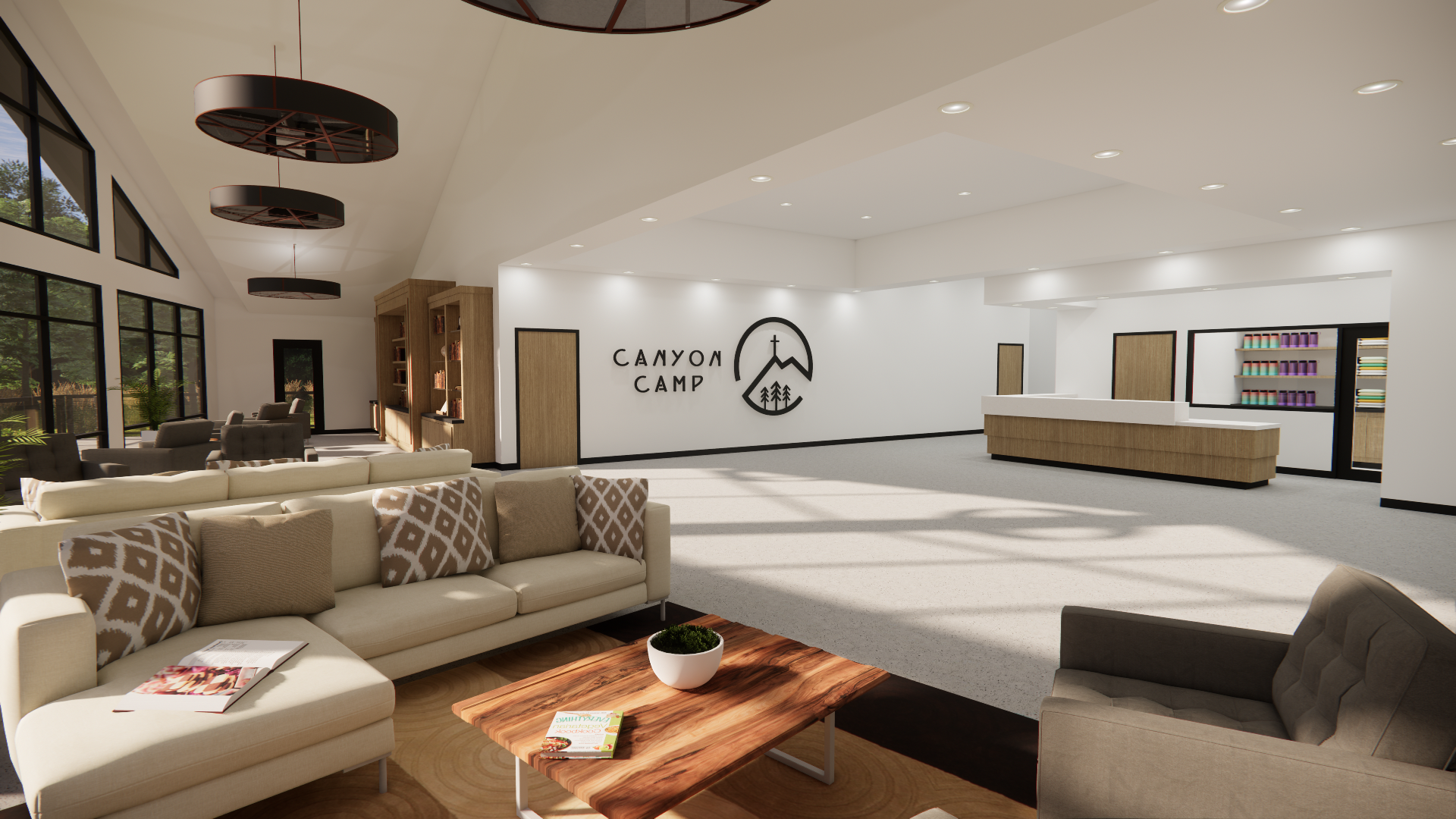 Interior of a modern camper check-in lobby with a white reception counter, wall art labeled 'Canyon Camp' with mountain, cross, and tree icons, bookshelves with colorful items, and comfortable seating including a white sofa with patterned pillows, ar