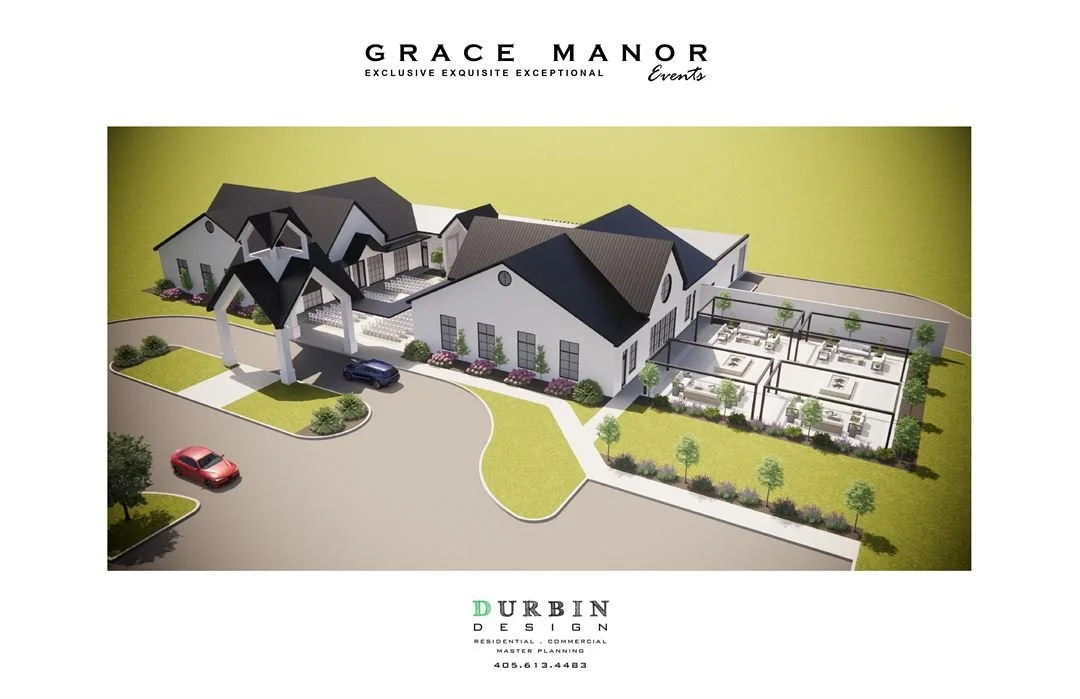 A detailed architectural rendering of Grace Manor Events, showing multiple buildings, outdoor gardens, walkways, parking areas with cars, and landscaped greenery.