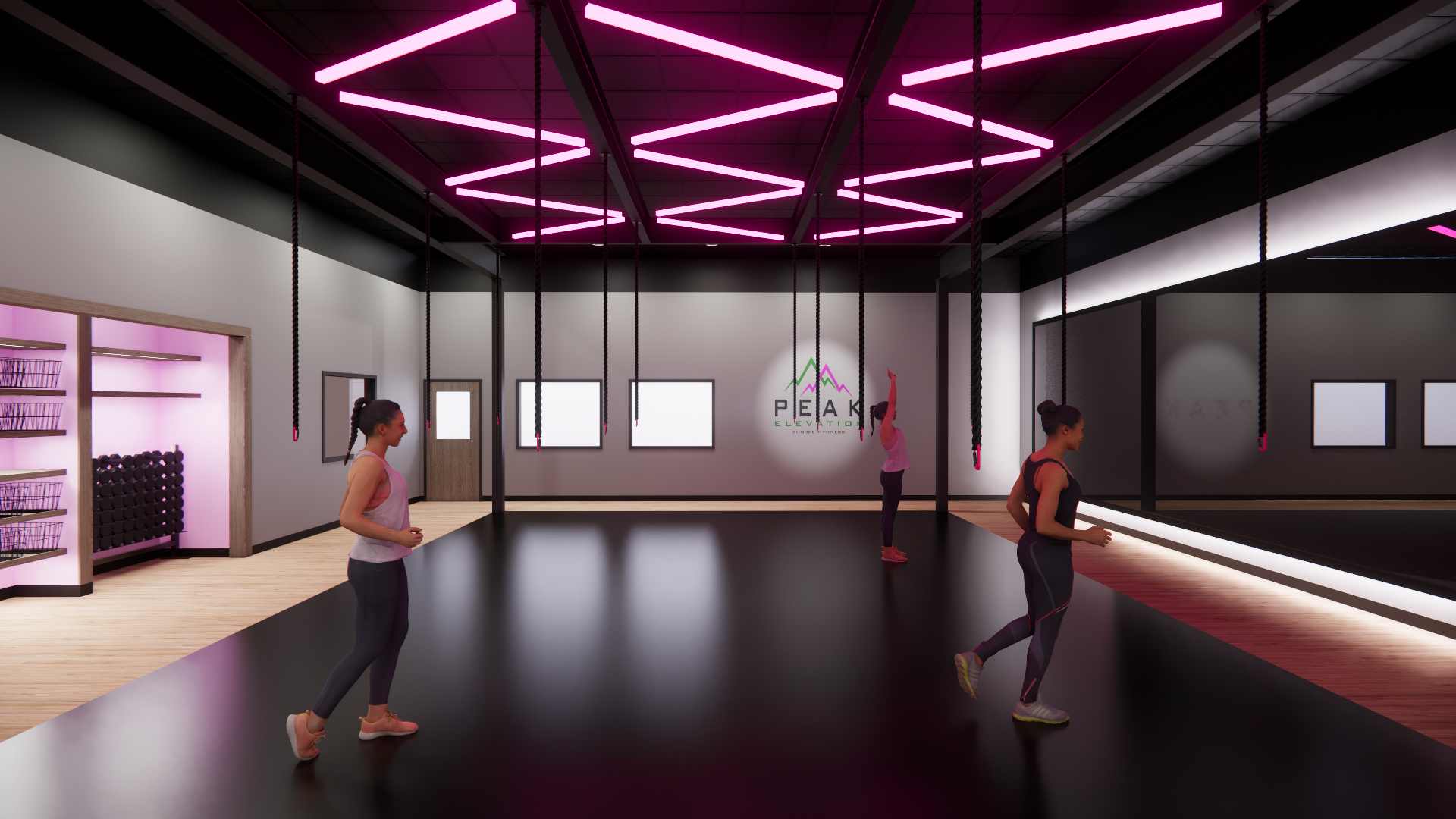 Interior of a fitness studio with black flooring, pink neon geometric ceiling lights, three women exercising, and a logo on the wall that reads 'PEAK Elevation' with mountain peaks.