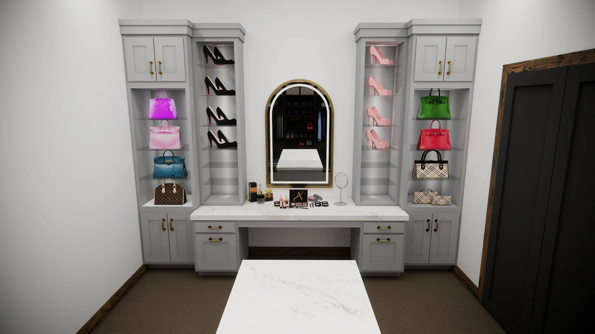 A dressing room with white cabinetry, displaying handbags and shoes, with makeup and accessories on the marble countertop, a mirror in the center reflecting a closet, and a dark sliding door on the right.