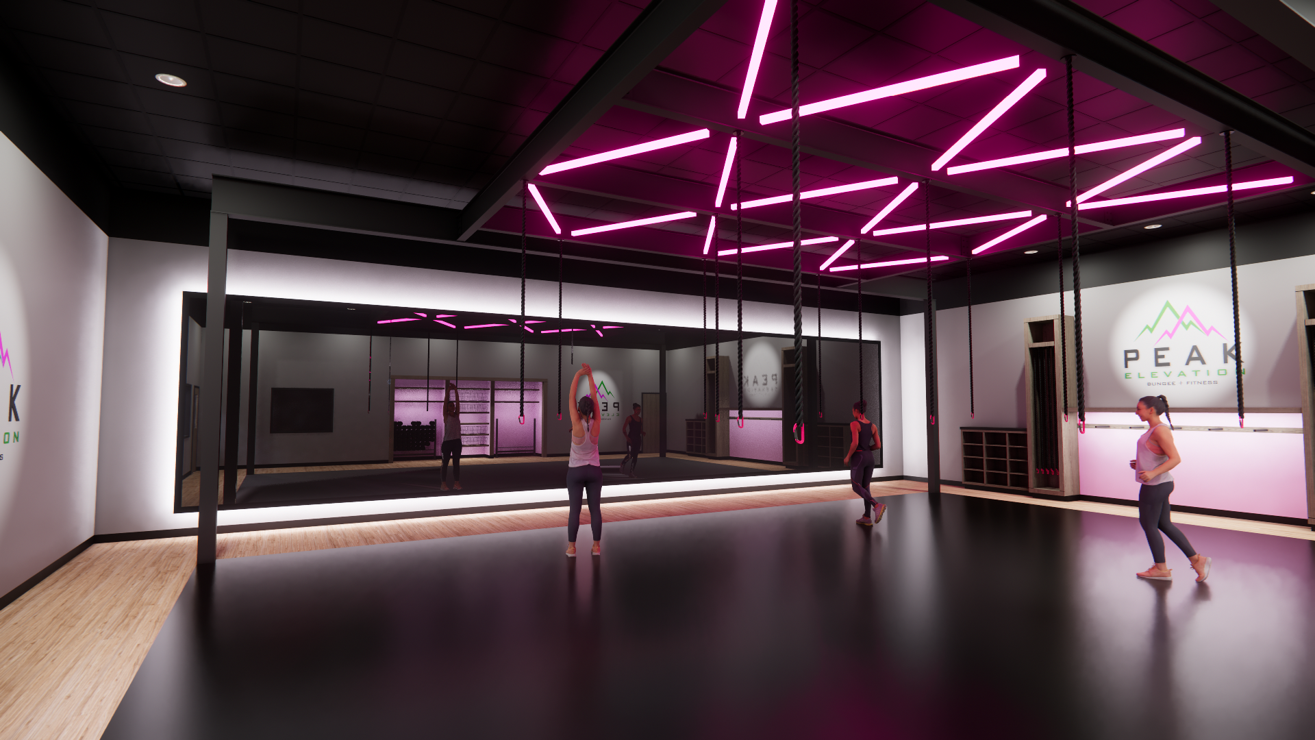 Interior of a fitness studio with pink neon lighting, people stretching and warming up, and a sign that reads "PEAK ELEVATION BUNGEE & FITNESS" on the wall.