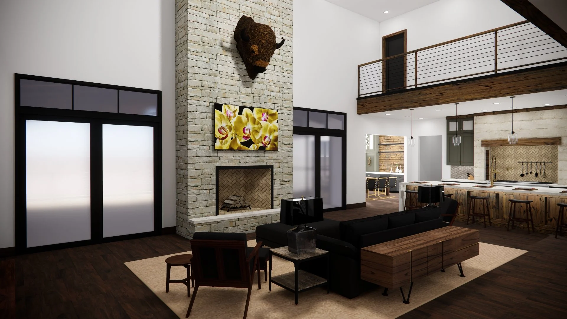 Open living room and kitchen with stone fireplace, modern furniture, wall art, and a loft area with horizontal railing.