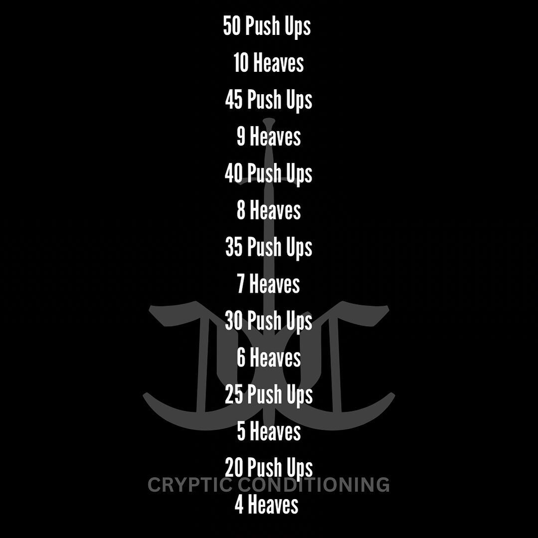 That&rsquo;s not all. Climb the ladder again 🪜

Workout:
50 Push ups
10 Heaves
45 Push Ups
9 Heaves
40 Push Ups
8 Heaves
35 Push Ups
7 Heaves
30 Push Ups
6 Heaves
25 Push Ups
5 Heaves
20 Push Ups
4 Heaves
Then work back up the ladder replacing Push 