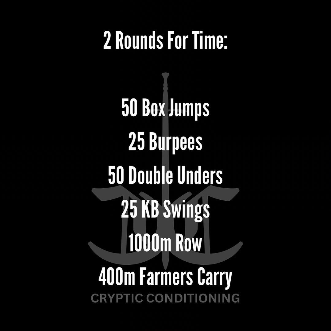 2x Rounds For Time

Workout:
50 Box Jumps
25 Burpees
50 Double Unders
25 Kettlebell Swings
1000m Row
400m Farmers Carry (w/ 20kg)

Intensity:
2 Rounds For Time

Scale:
This is self paced, rest as needed. 
Can switch the double unders for singles.

ww