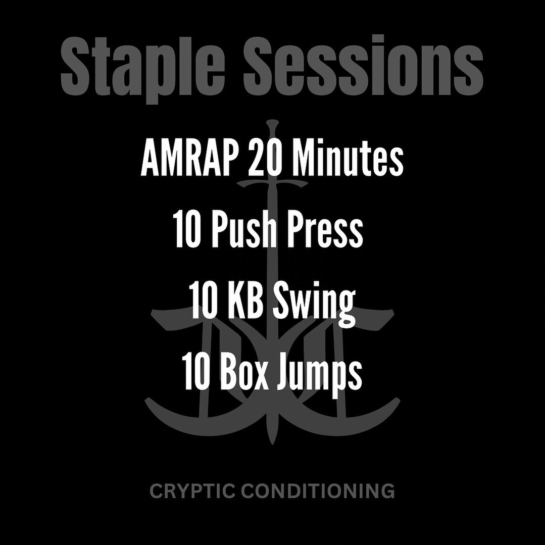 Staple Session. 20min AMRAP 

Workout:
AMRAP 20 Minutes
10 Push Press
10 KB Swing
10 Box Jumps

Intensity:
No rest, As Many Reps As Possible. The Push Press should be challenging (don&rsquo;t go too light)

Scale:
Chose your weight during the warm up