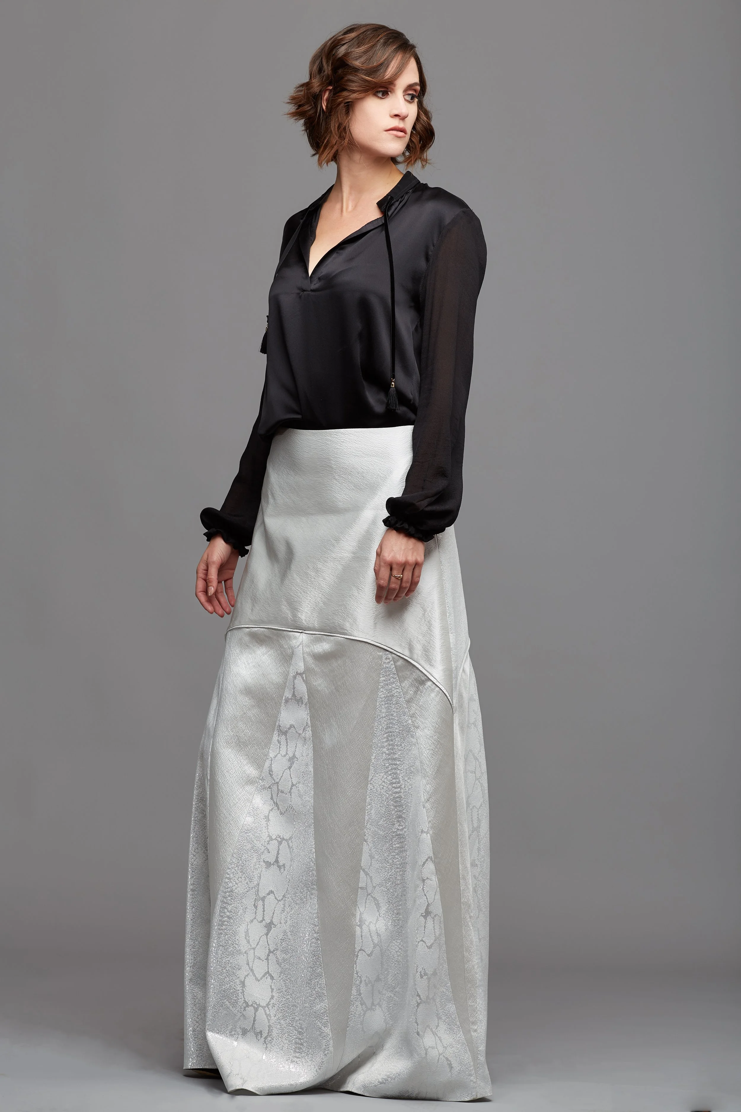 Black Blouse with Silver Silk Skirt. Maggie Yan Chicago 2016-Front.jpg