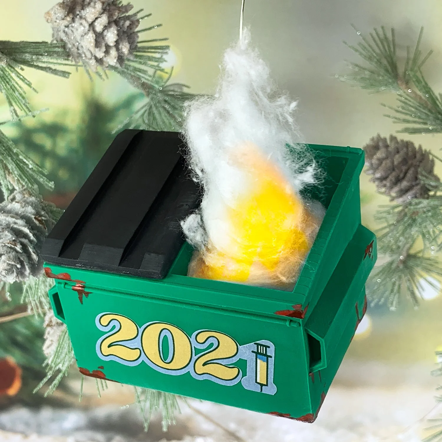 Funny 2021 Christmas Ornament Featuring LED Fire and Stainless Steel Hook