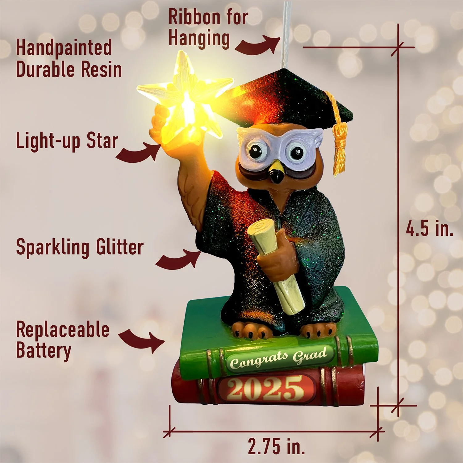 Graduation owl ornament with cap gown and glowing star holiday decoration