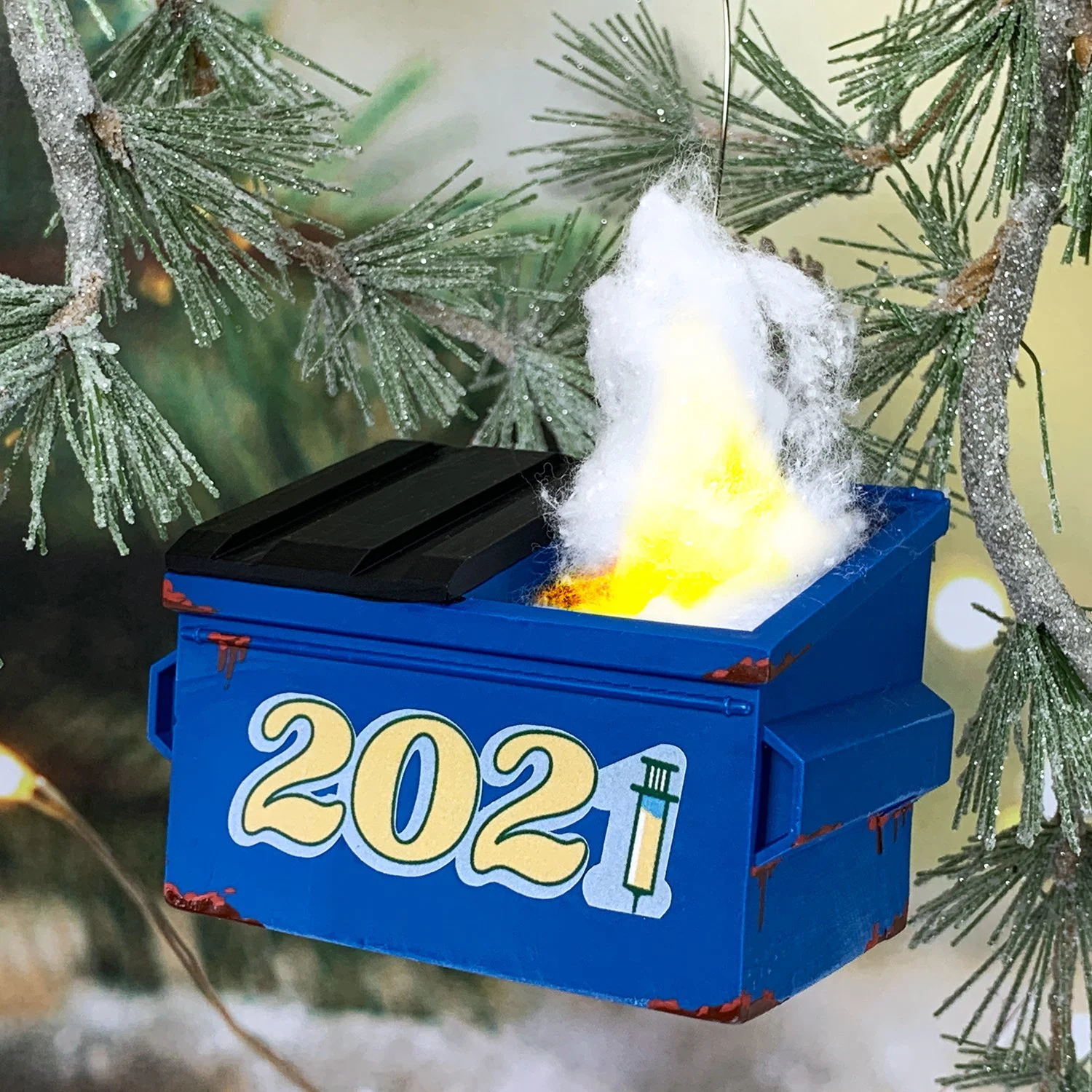2021 Dumpster Fire Christmas ornament with flickering LED flame and vaccine syringe detail
