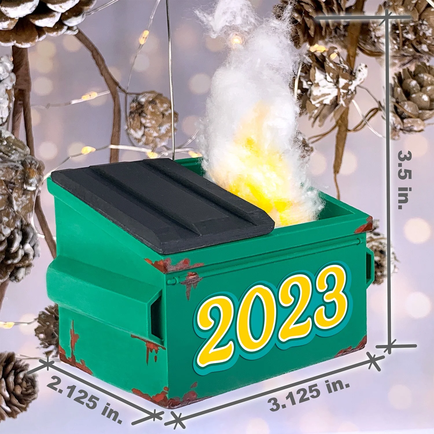 Novelty 2023 Dumpster Fire Christmas ornament with cotton smoke detail – a funny holiday gift or tree accent