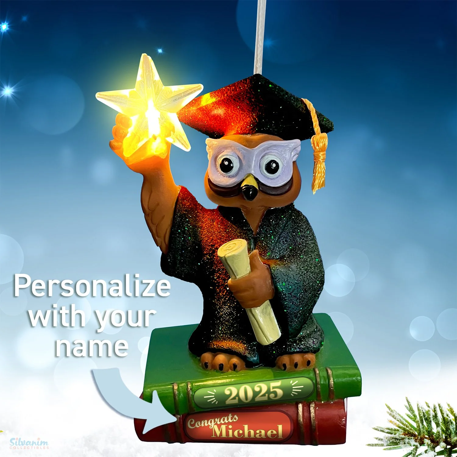 Unique graduation owl ornament with cap and glowing acrylic star for tree decor