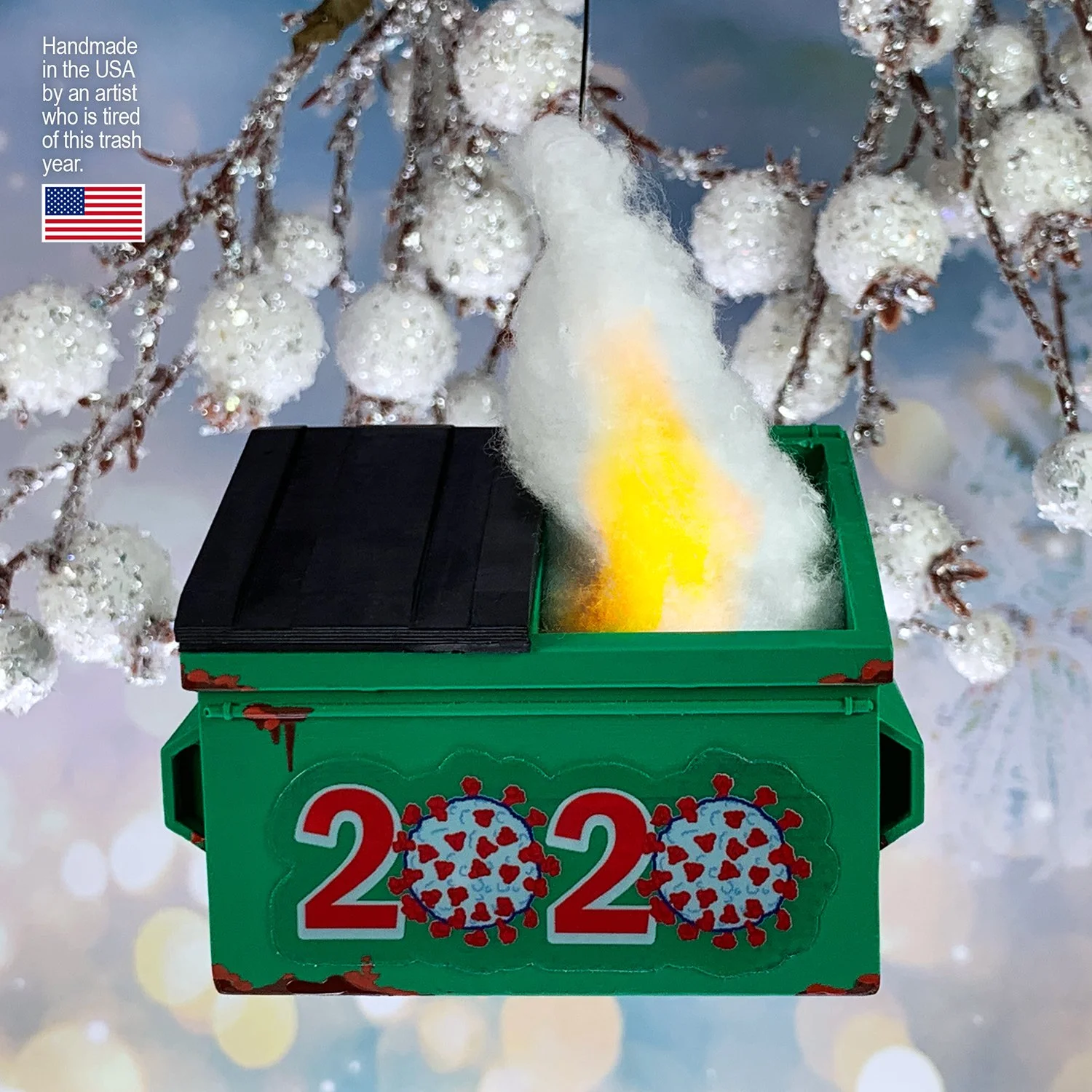 Christmas tree ornament 2020 – novelty dumpster fire design with smoke effect