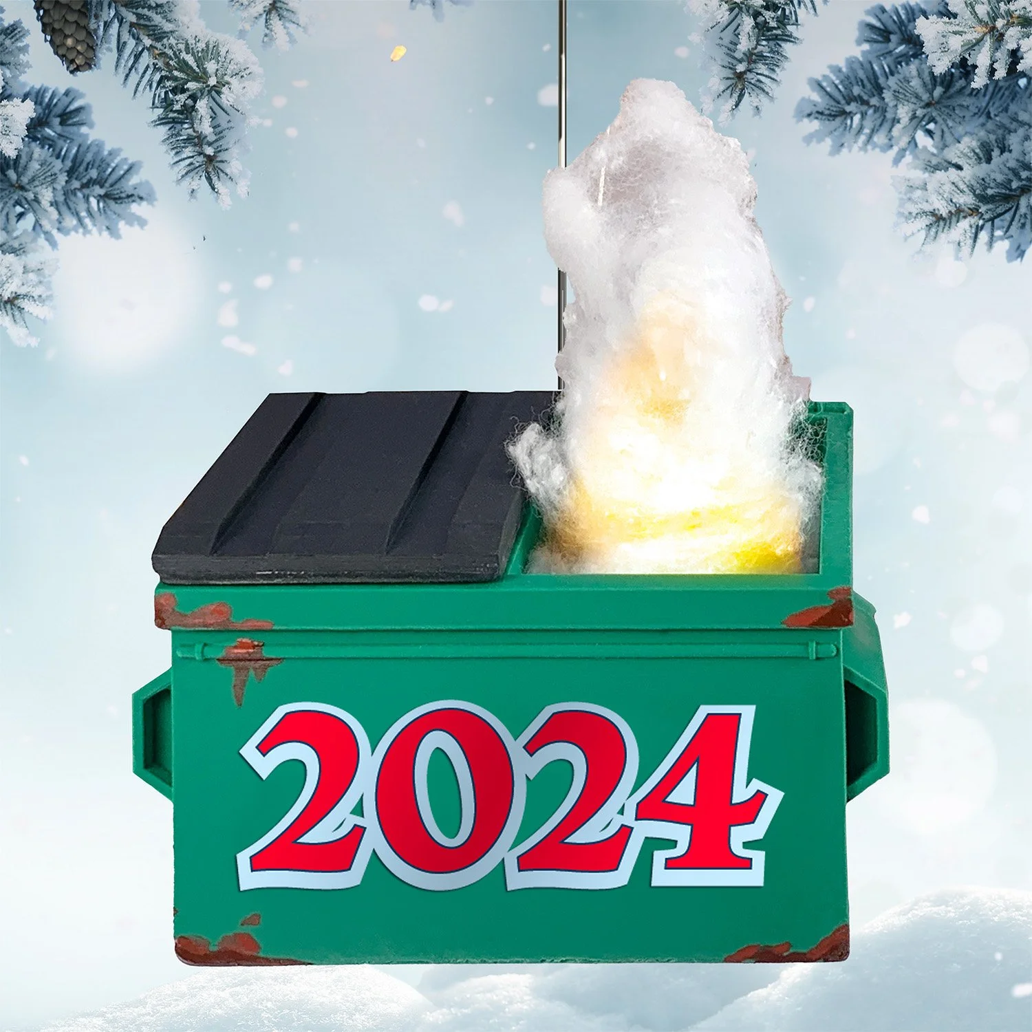 Funny 2024 Dumpster Fire ornament with flames, a humorous Christmas tree decoration for marking the chaos of the year