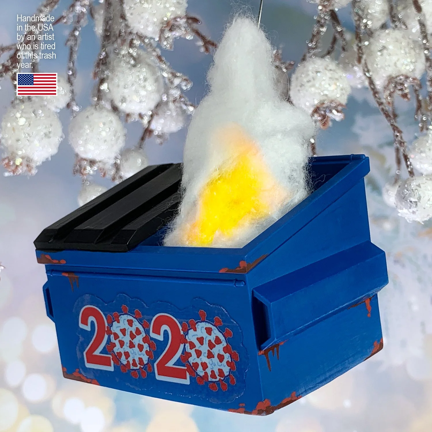 Funny 2020 ornament – dumpster fire with realistic flame details for Christmas tree