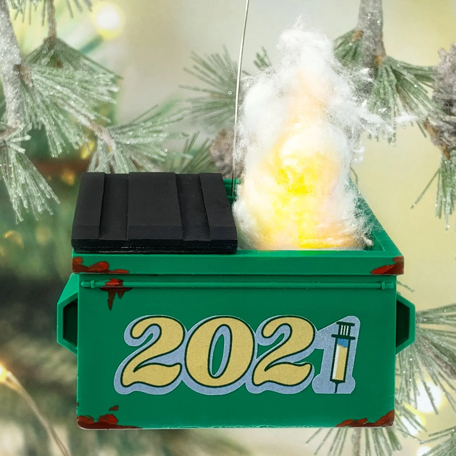 Hand-painted 2021 dumpster fire ornament made from shatter-resistant resin