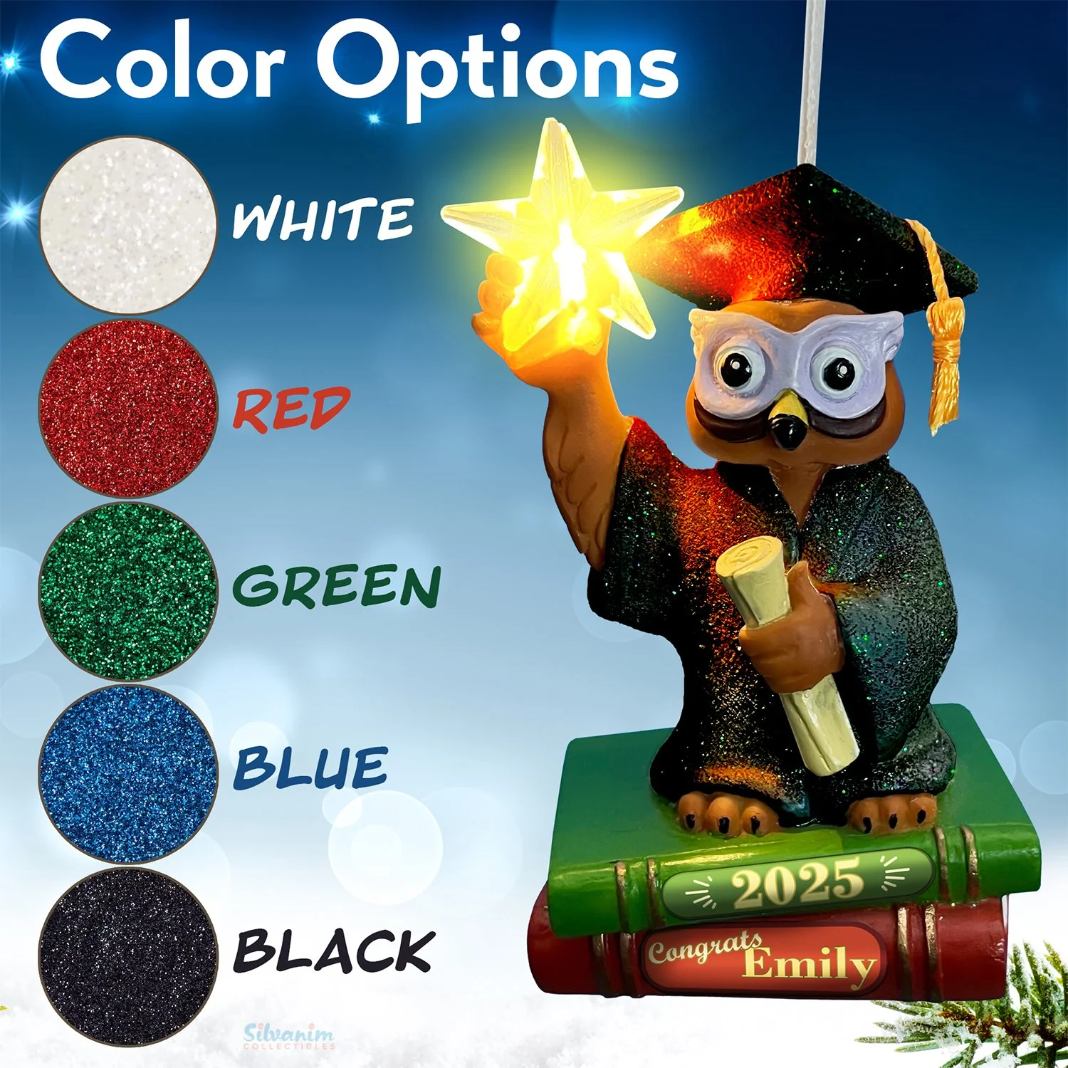 Personalized graduation ornament with custom gown colors red, blue, green, black, white