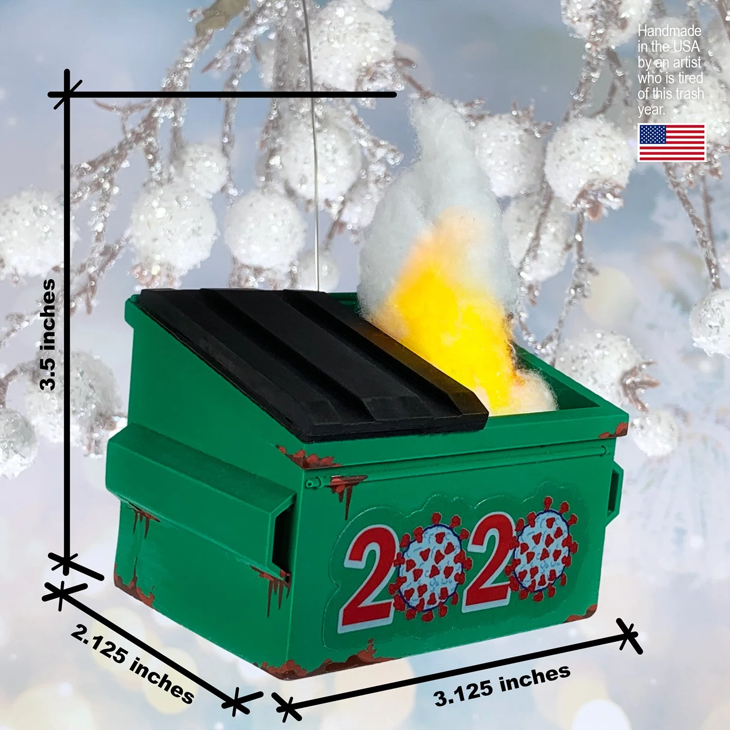 Mini dumpster fire Christmas ornament – gag gift for remembering 2020