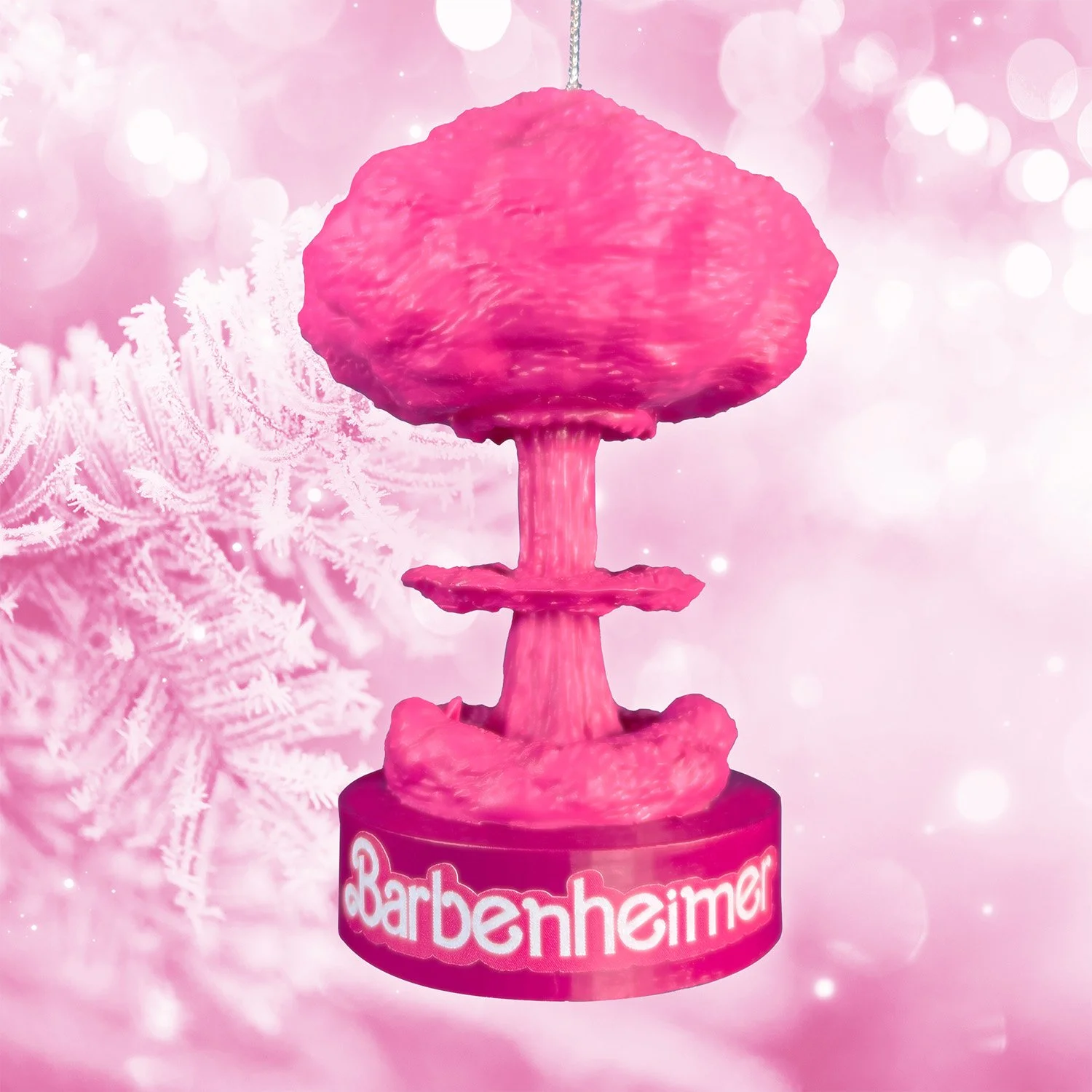 Light-up Barbenheimer ornament with LED illumination for holiday tree decor