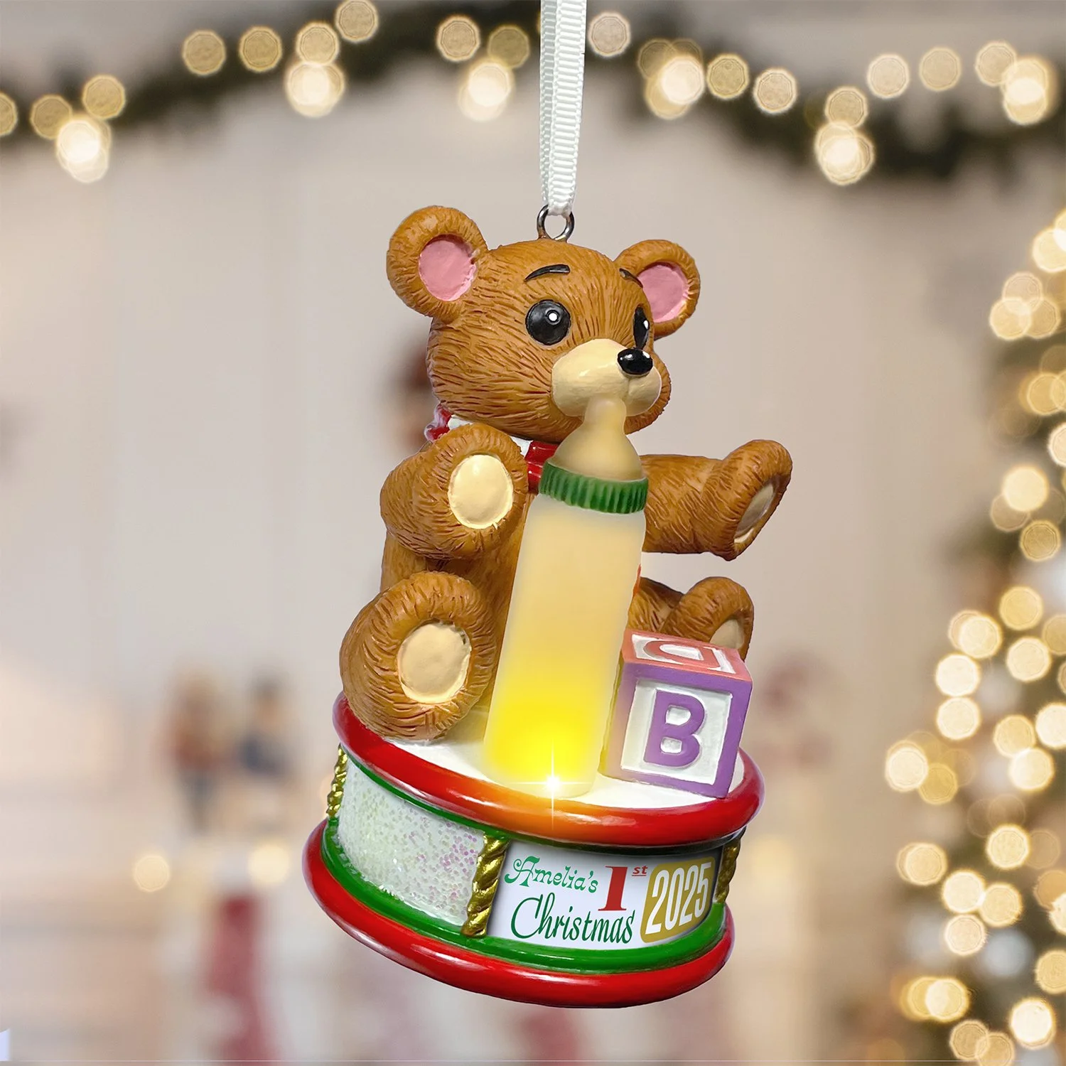 Baby Christmas ornament measuring 4 inches tall ready to hang with ribbon