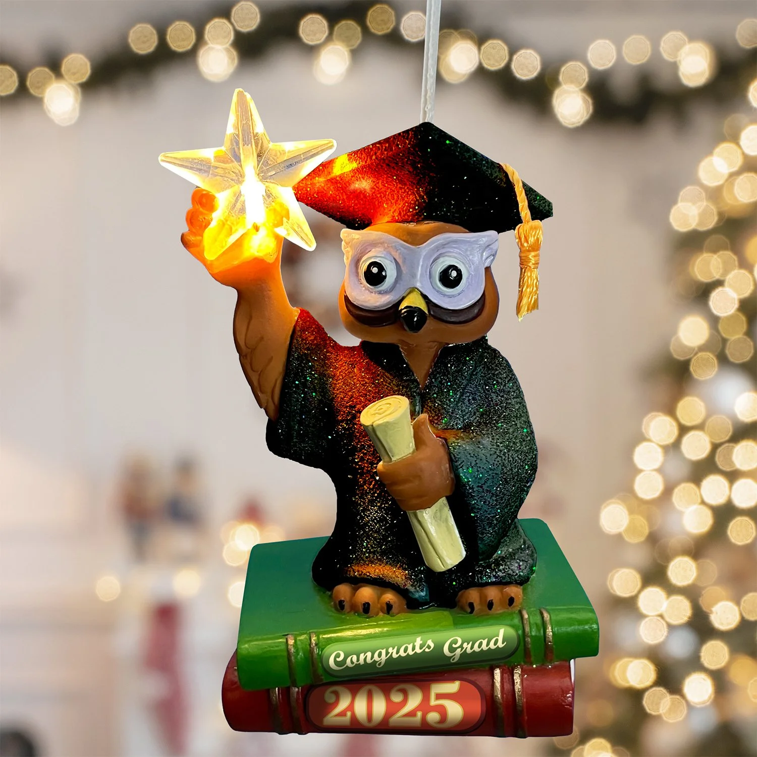 Class of 2025 - Hand-painted graduation owl decoration – cap and gown tree ornament for graduate