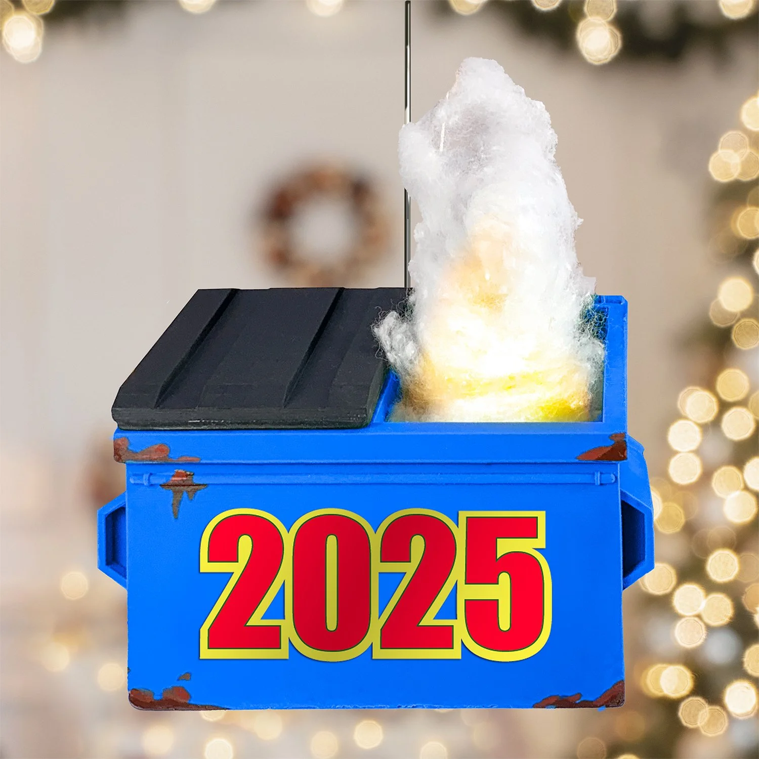 2025 Dumpster Fire Christmas ornament with flickering LED firelight