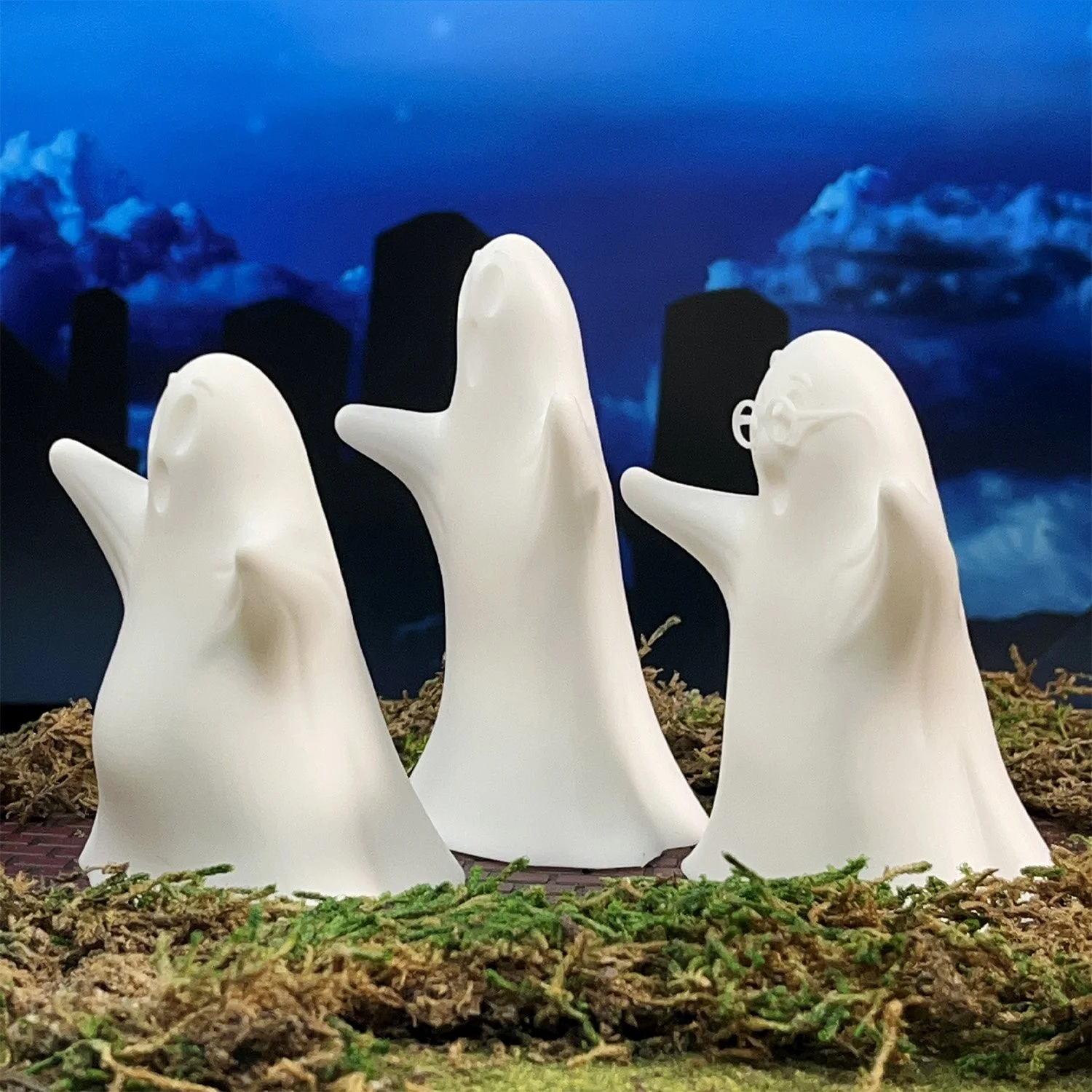 White 3D printed ghost figurines for spooky Halloween home décor