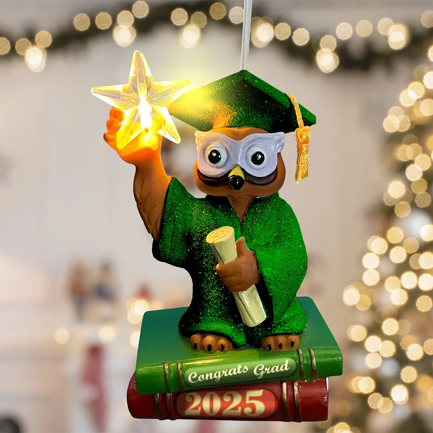Green gown graduation owl ornament holiday keepsake for kindergarten high school or college