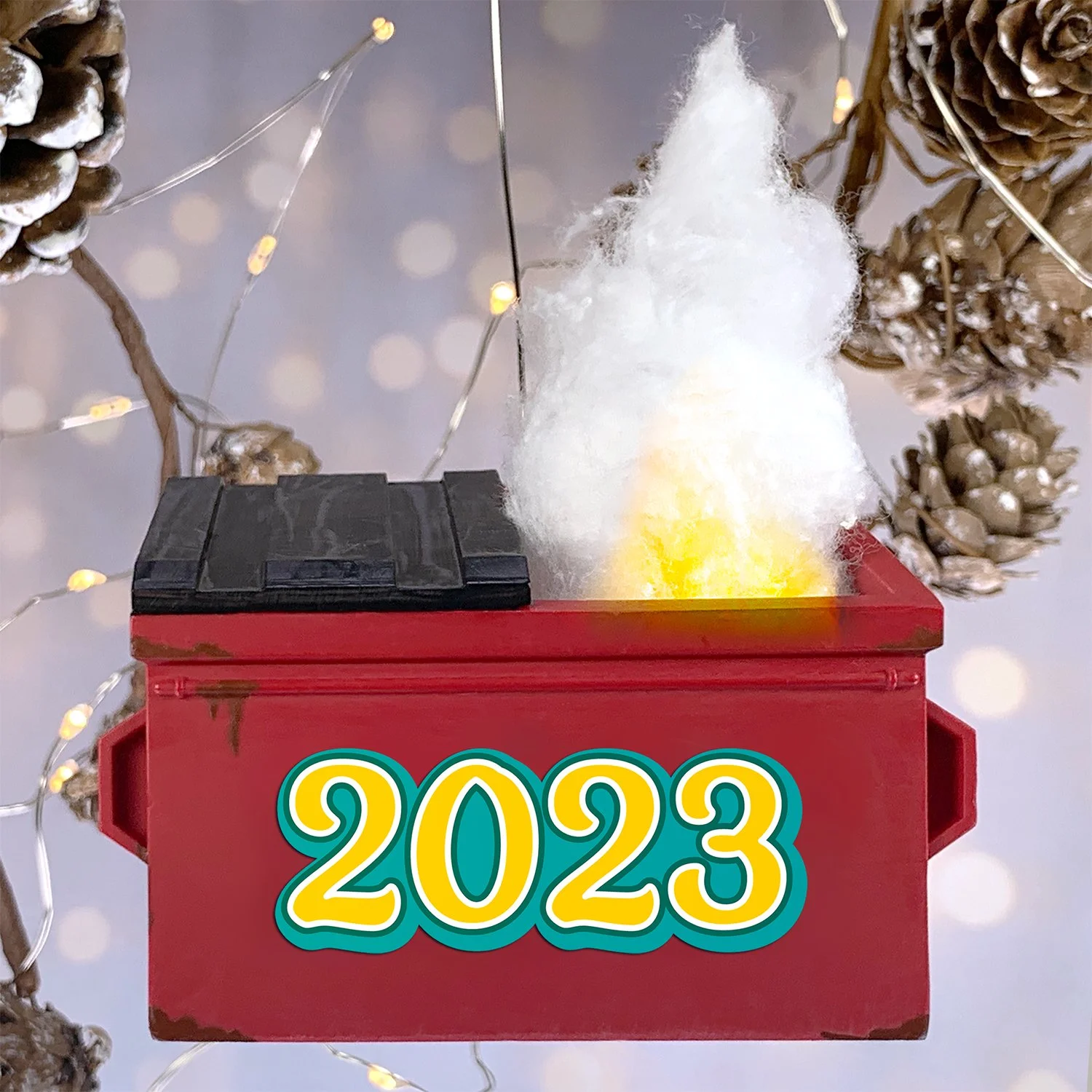 2023 Dumpster Fire Christmas tree ornament, a novelty gift for friends who survived another wild year with humor