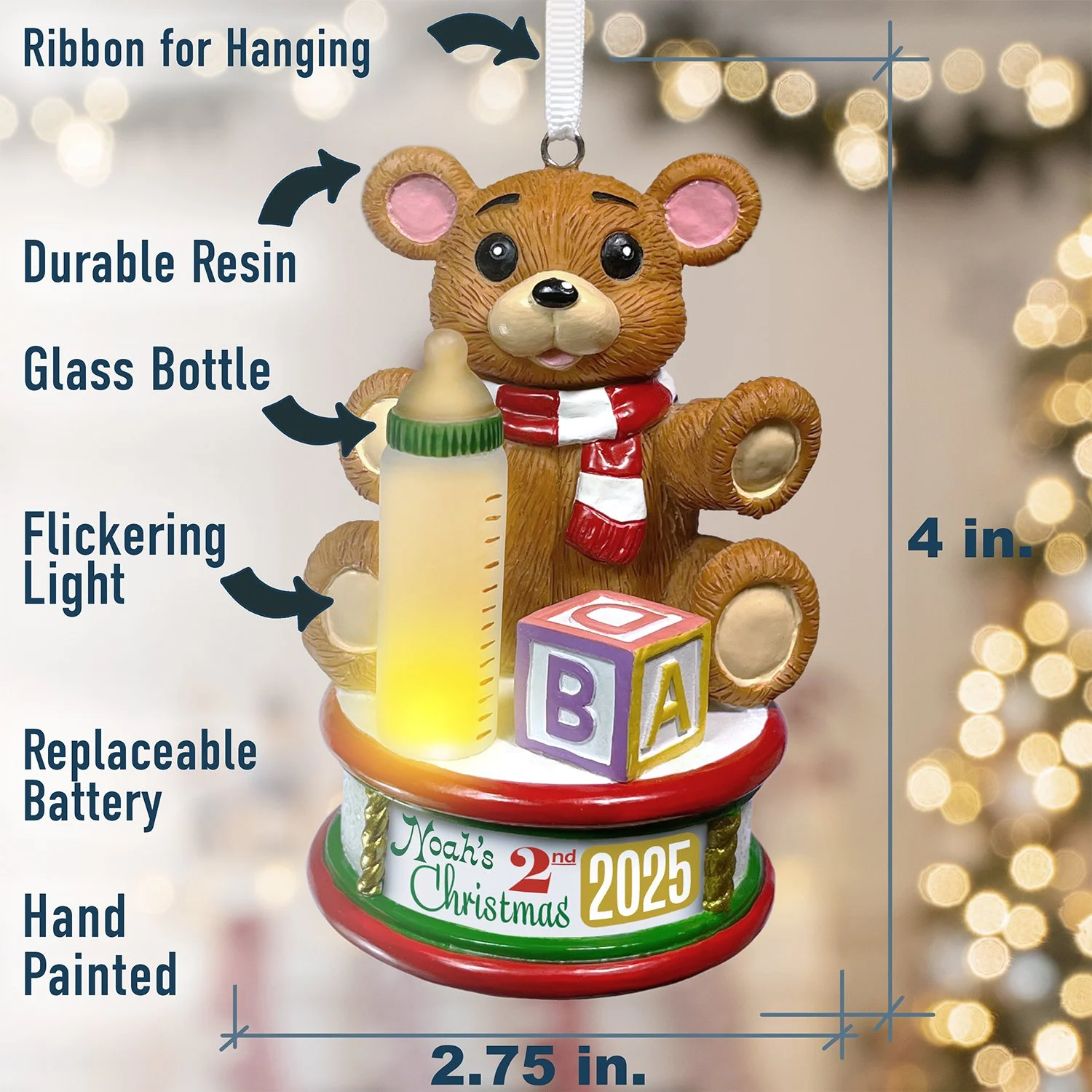 Personalized baby teddy bear Christmas ornament with glowing light and letter cube