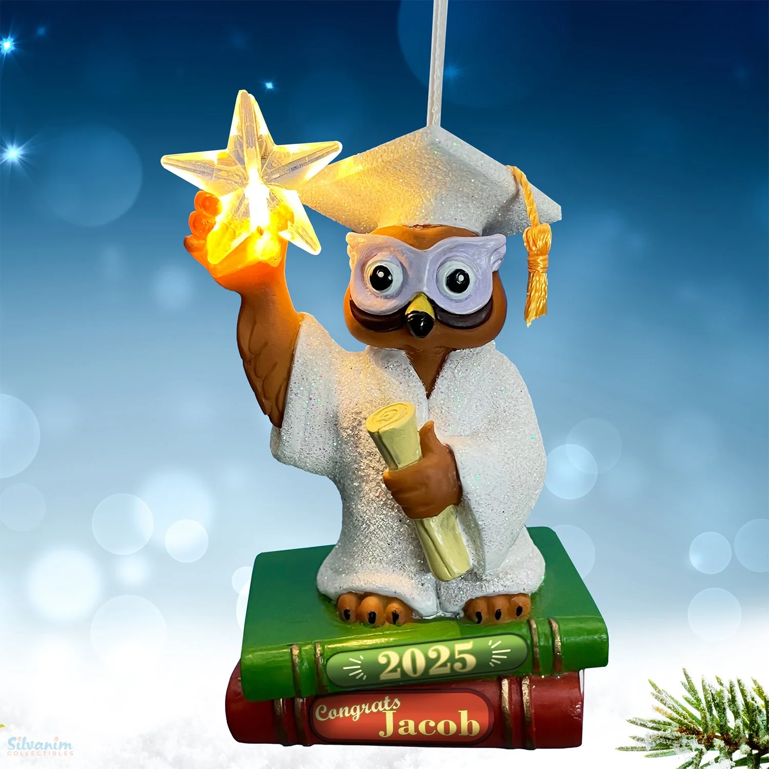 Graduation owl ornament holding diploma and star with books stack base