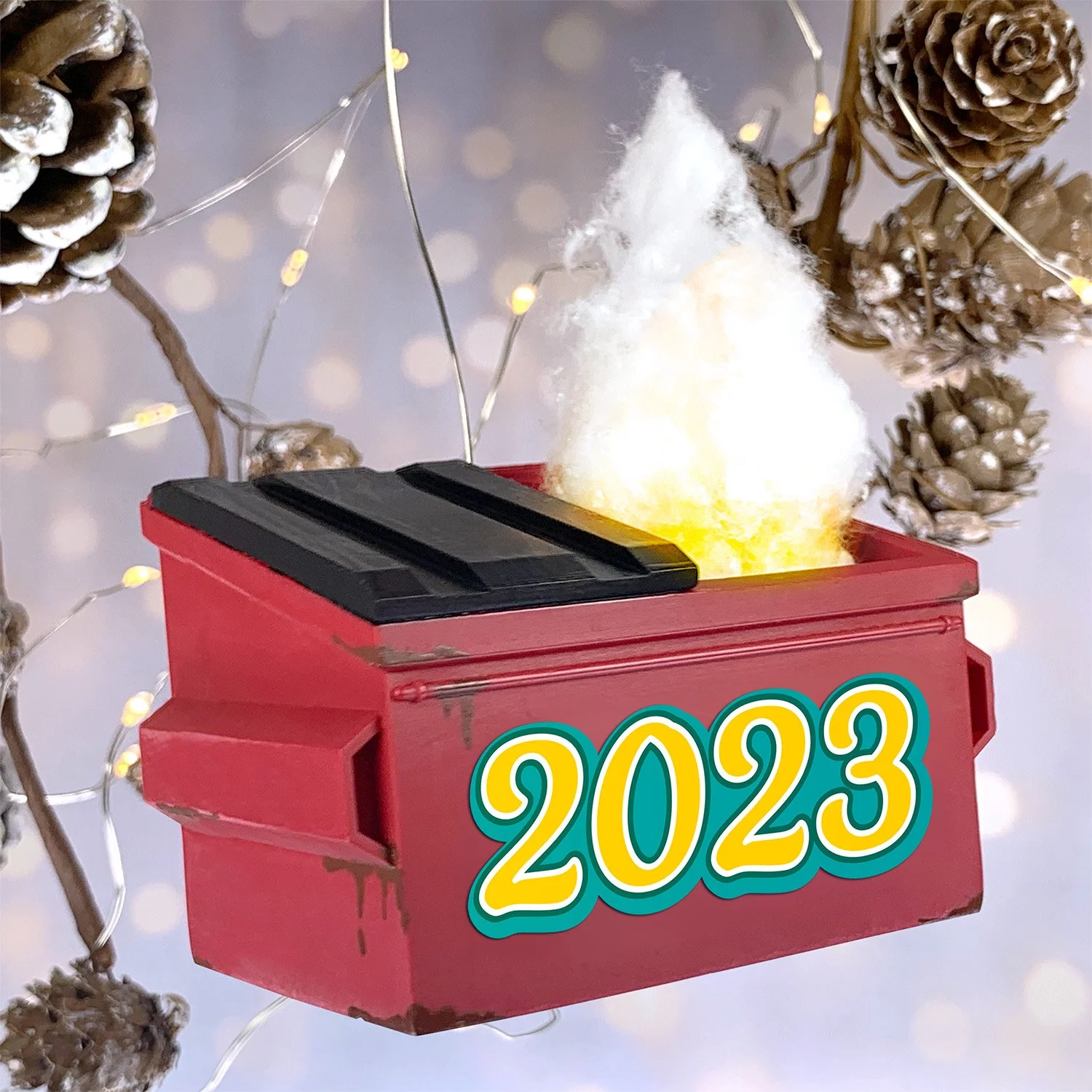 Hilarious 2023 Dumpster Fire holiday ornament with smoky cotton flames – a unique and funny Christmas gag gift
