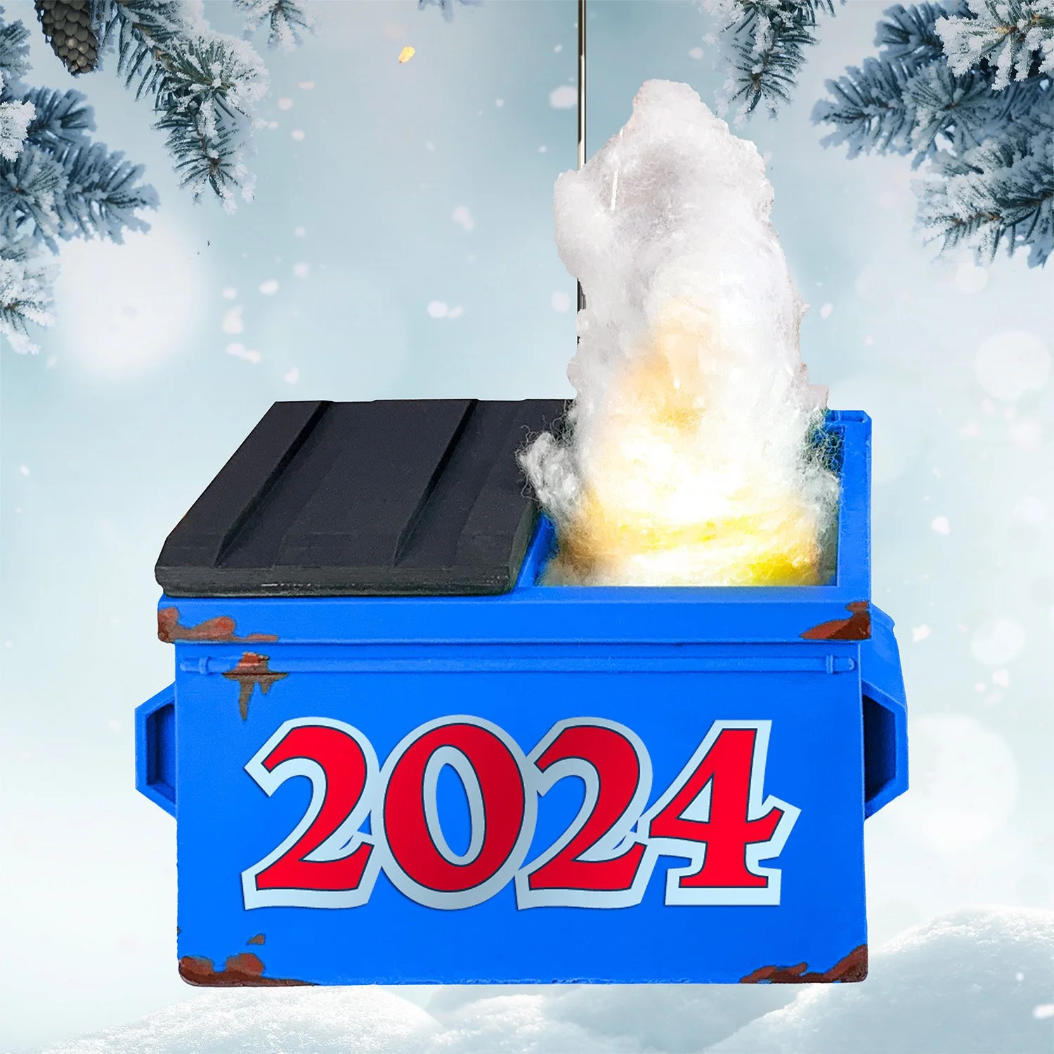 Comical 2024 Dumpster Fire ornament for your Christmas tree, featuring smoke details and a stainless steel hanging wire