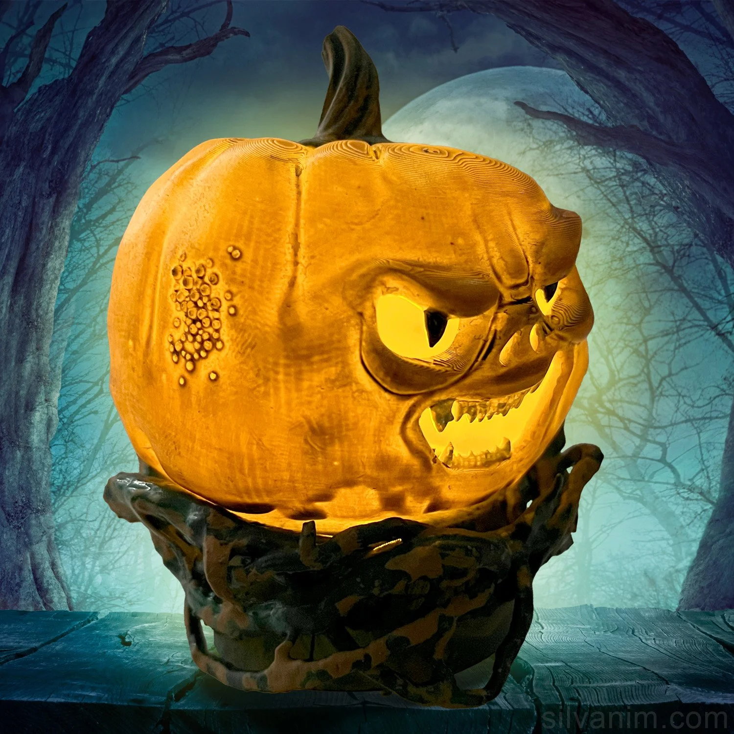 Creepy Halloween pumpkin ornament with realistic flame effect
