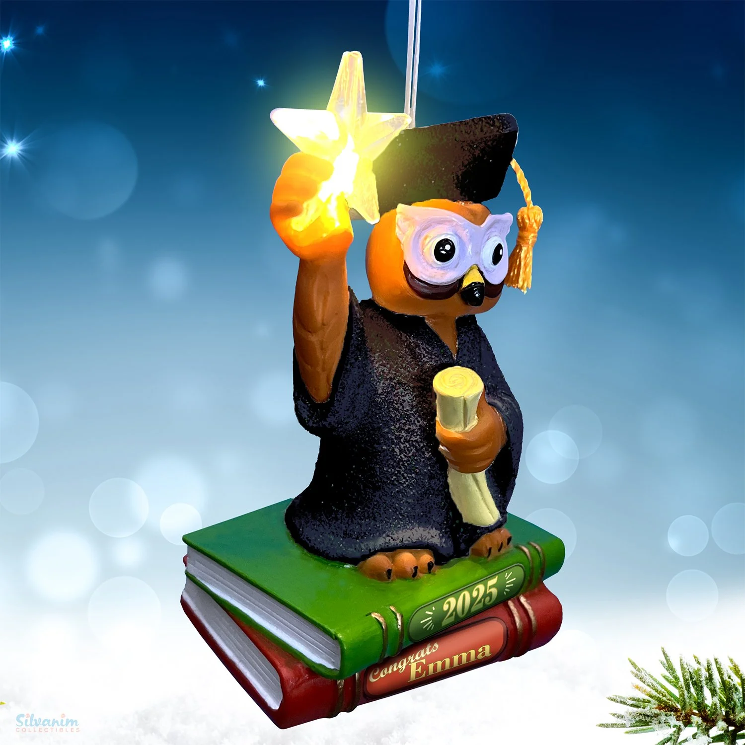 Wise owl graduation ornament with cap and gown on stack of books Christmas decoration